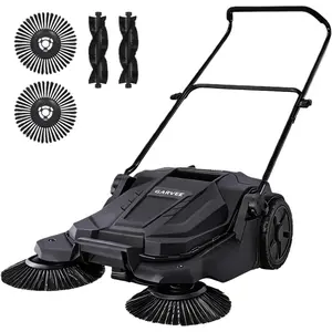 Walk-Behind Hand Push Floor Sweeper, 25.6" Sweeping Width Manual Sweeper with 5-Gallon Waste Container, Adjustable Folding Handle for Garage, Workshop, Driveway, Patio