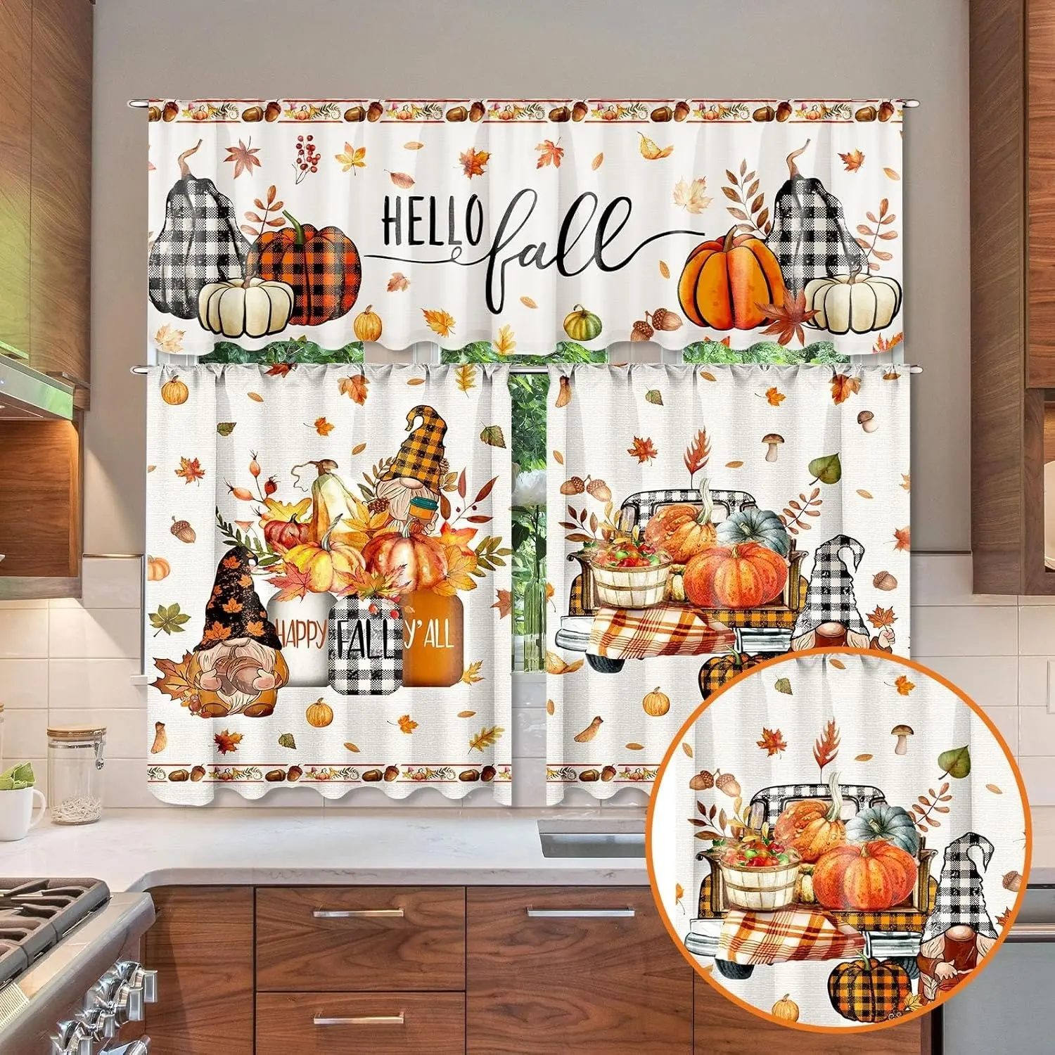 3 Pcs Fall Thanksgiving Buffalo Plaid Pumpkin Curtains Valances and Tiers Set for Windows Pumpkins Maple Leaf Kitchen Decor Short Curtain Set for Bedroom Treatment Decor Party Favor Supplies