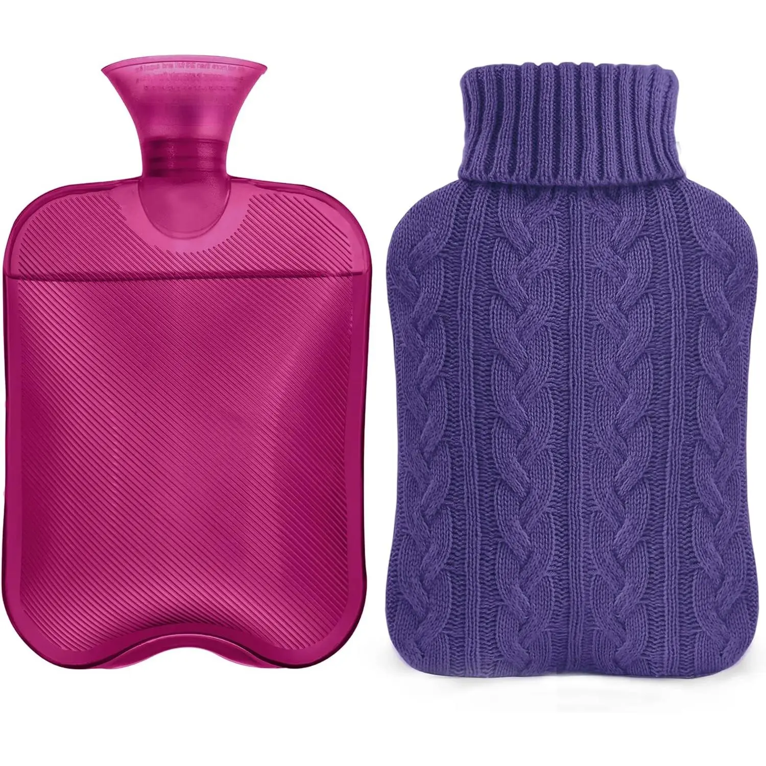 Hot Water Bottle with Knitted Cover, 2L Hot Water Bag for Hot and Cold Compress, Hand Feet Warmer, Ideal for Menstrual Cramps, Neck and Shoulder, Purple