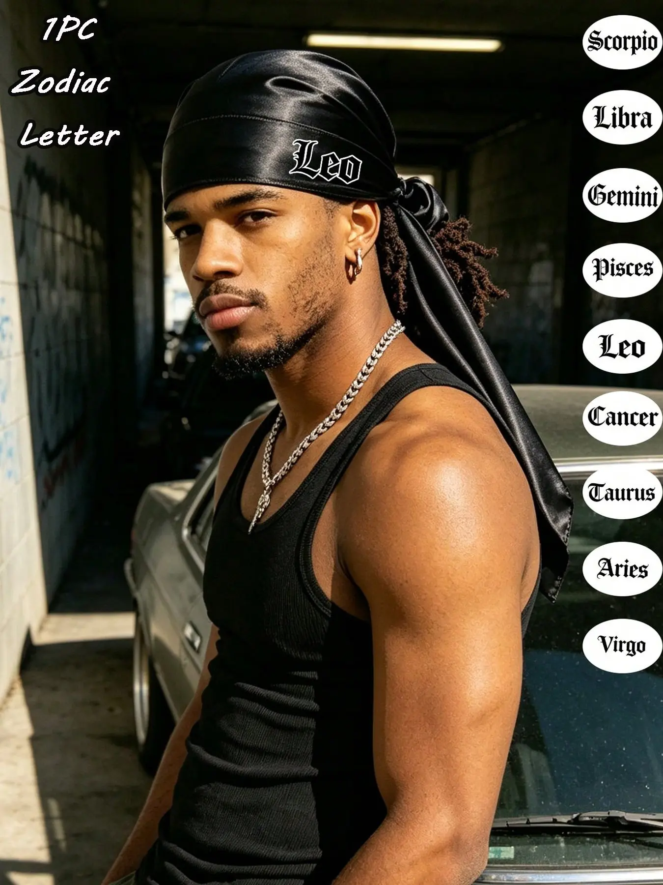 1PC Customizable 12 Zodiac Letter Satin Durag Hat, Printed Long Self-Tie Tail Durag Cap, Elastic Satin Tie Beanie, Dreadlock Maintenance, Nighttime Sleep, Gym Workouts, Trendy Hip Hop Essential Gift for Men