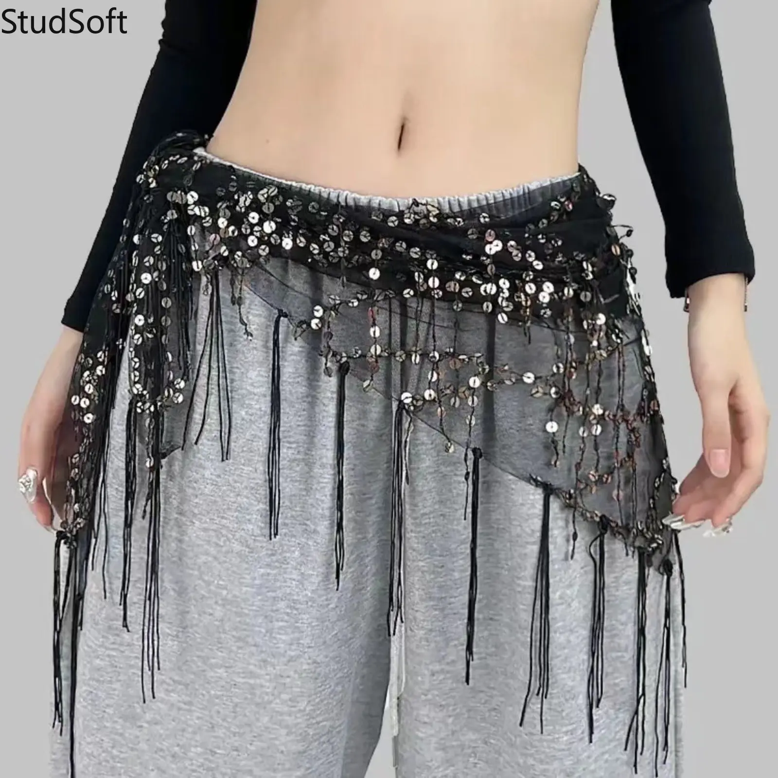 Y2K Sequin Fringe Hip Scarf for Women Belly Dance Belt Sparkly Tassel Triangle Skirt Wrap Rave Festival Clubwear Streetwear Outfit