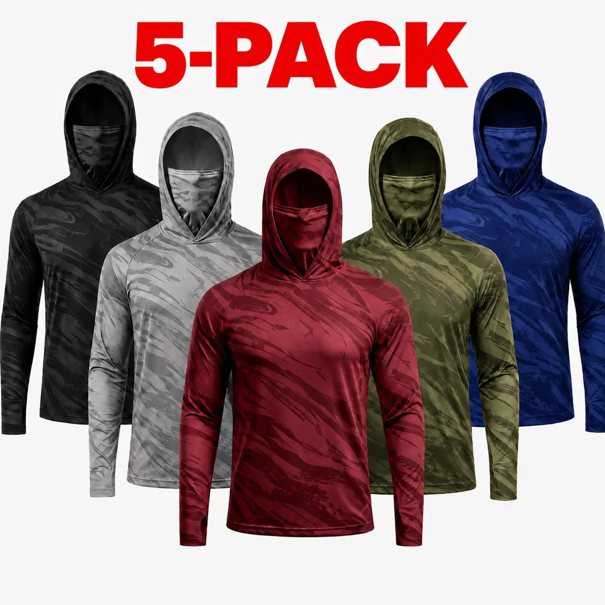 Men's 5-Pack UPF 50+ Sun Protection Performance Hoodie Shirt with Built-in Face Mask, UV Rash Guard, Moisture-Wicking Breathable Quick Dry Long Sleeve Athletic Top for Gym, Running, Fishing, Hunting Outdoor Sports