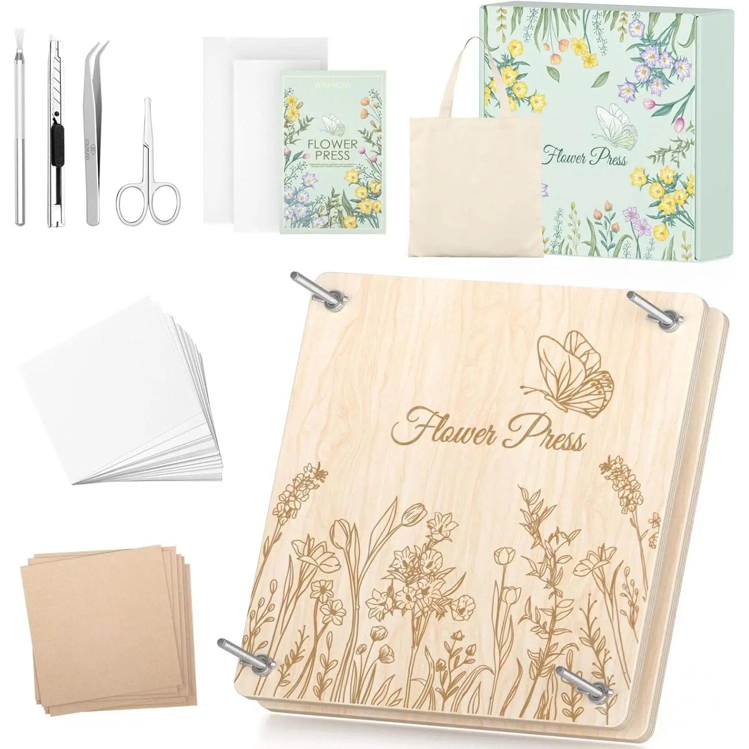Wakhow Flower Press Kit, 11" x 11" Large Wooden Flower Press for Adult Teen |   10-Layer Drying Capacity, Preserve Flowers & Leaves Naturally, Create Pressed Flower Art, Bouquet Preservation, DIY Crafts