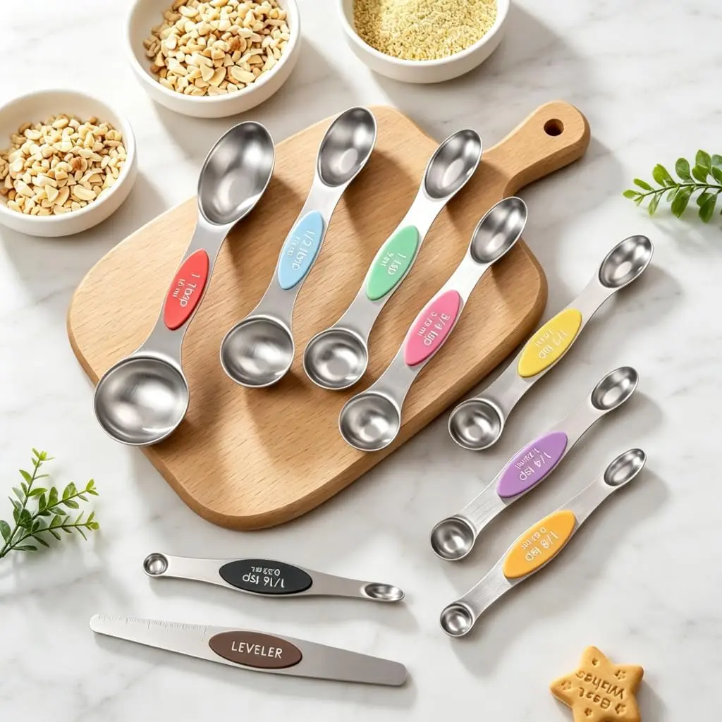 Magnetic Measuring Spoons Set, 9 Piece Dual Sided 430 Stainless Steel Teaspoon and Tablespoon Set with Leveler for Dry and Liquid Ingredients, Baking, Cooking and Kitchen Prep