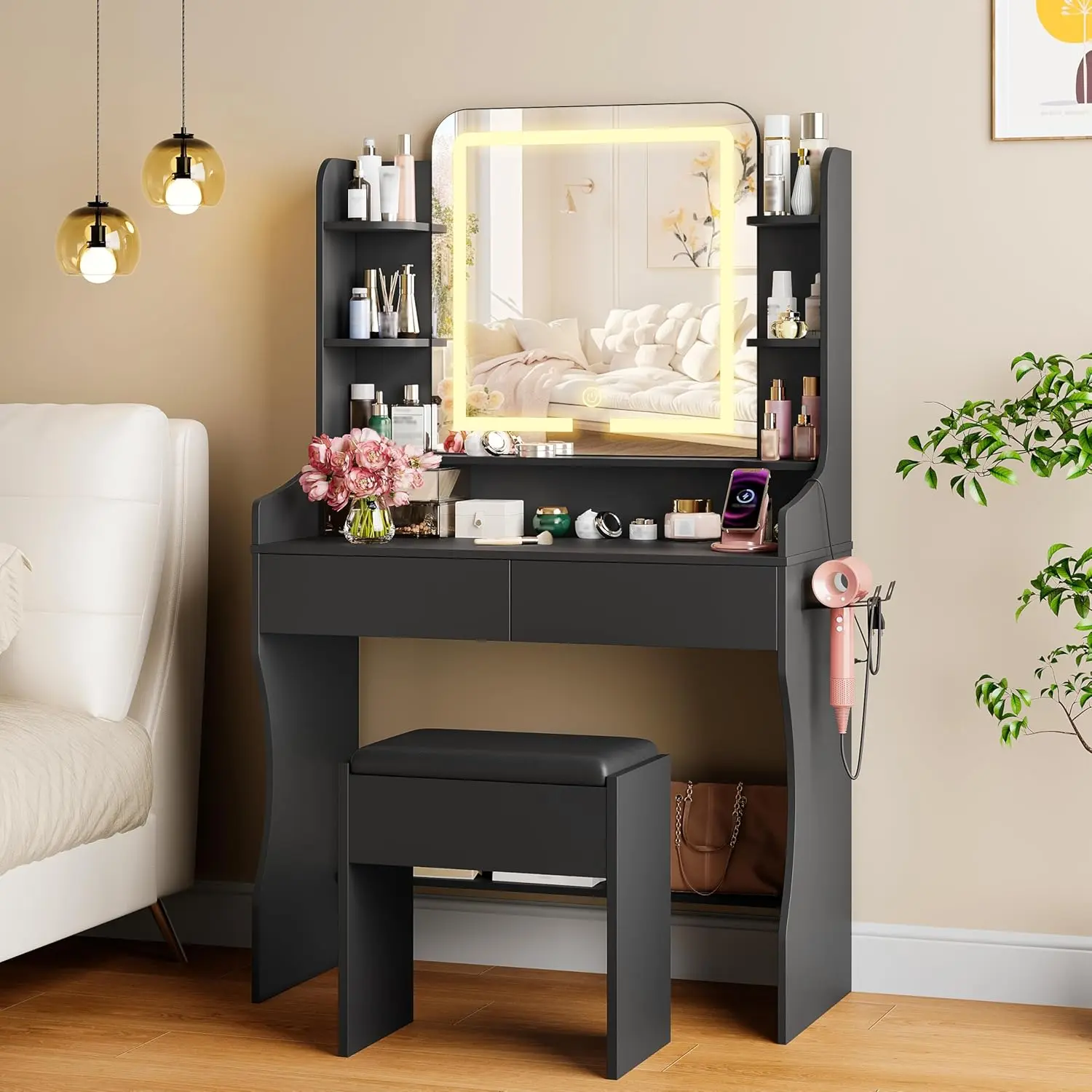 wanan Vanity Desk with Mirror and Lights, Makeup Vanity with 3 Color Adjustable Brightness, 2 Large Drawers and Open Storage Shelves, Dressing Table with Chair and Power Strip for Girls Bedroom, Black