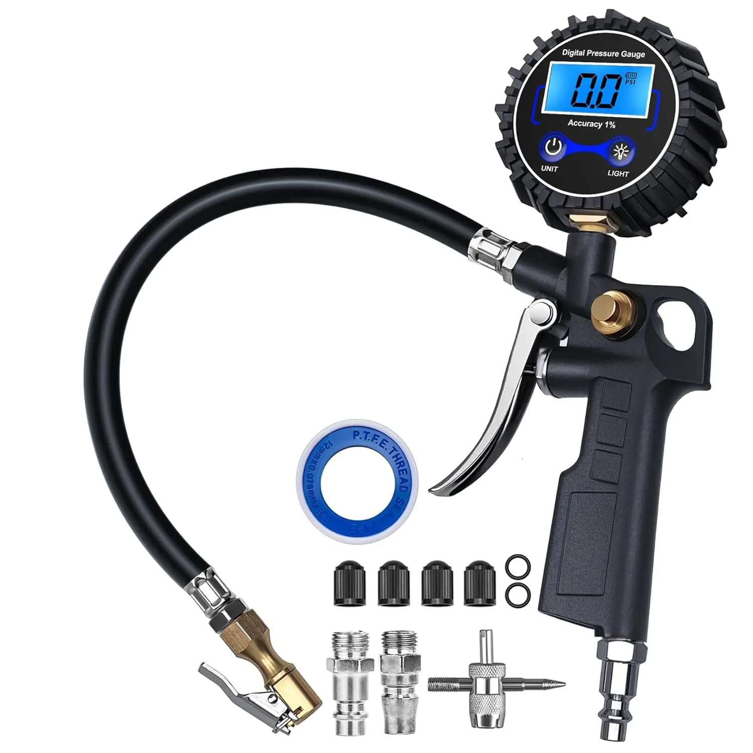 Multi-Use Electronic Inflator Tyre Pressure Gauge, 3-250 PSI Car Air Compressor Accessory with Quick Connect Air Chuck, Rubber Hose for Car, Truck, RV, Multi-Use Electronic Inflator Tyre Pressure Gauges