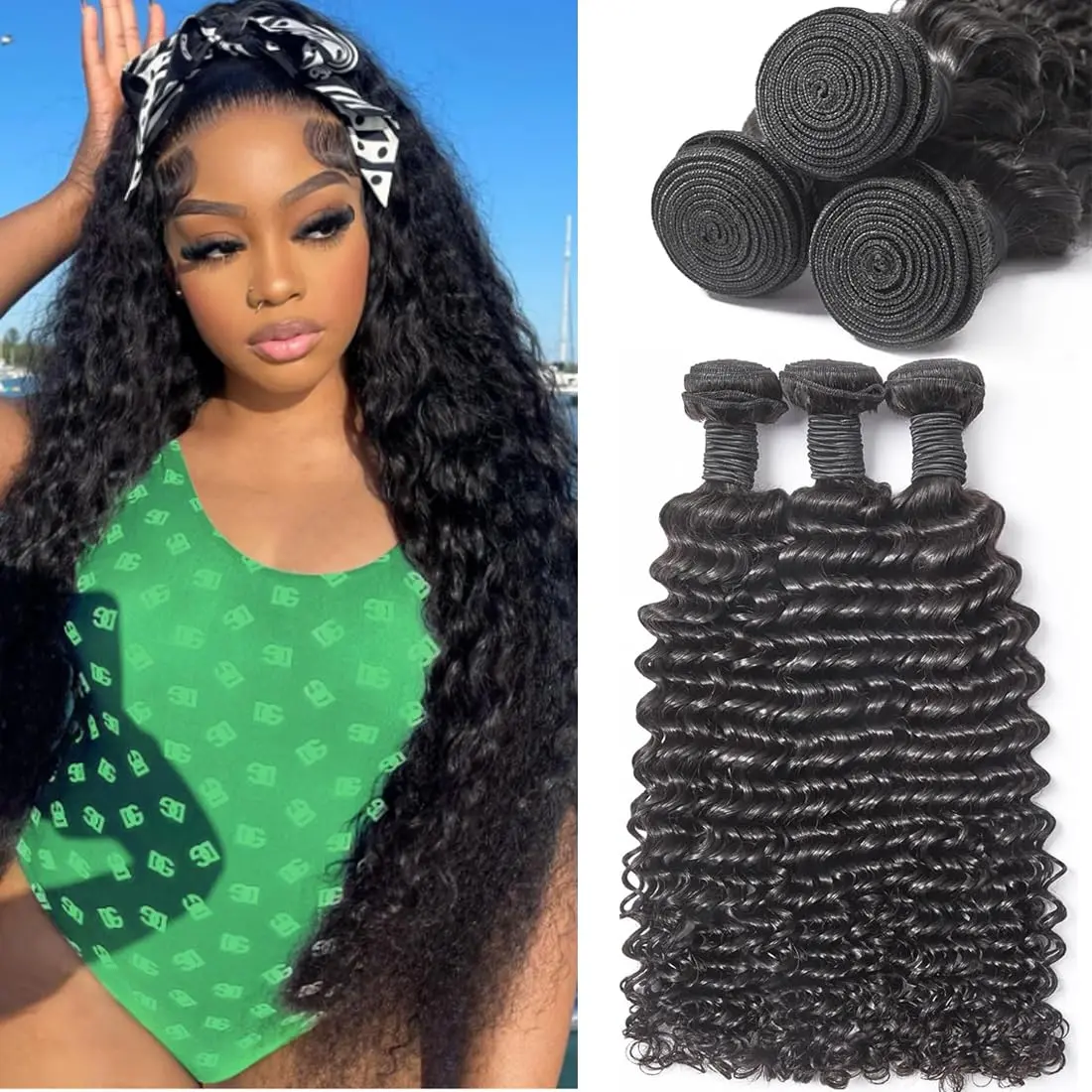 12A Human Hair  14 16 18 Inch Curly  Human Hair Deep Wave   Wet and Wavy Quick Weave Real Hair Extensions For Women  Black