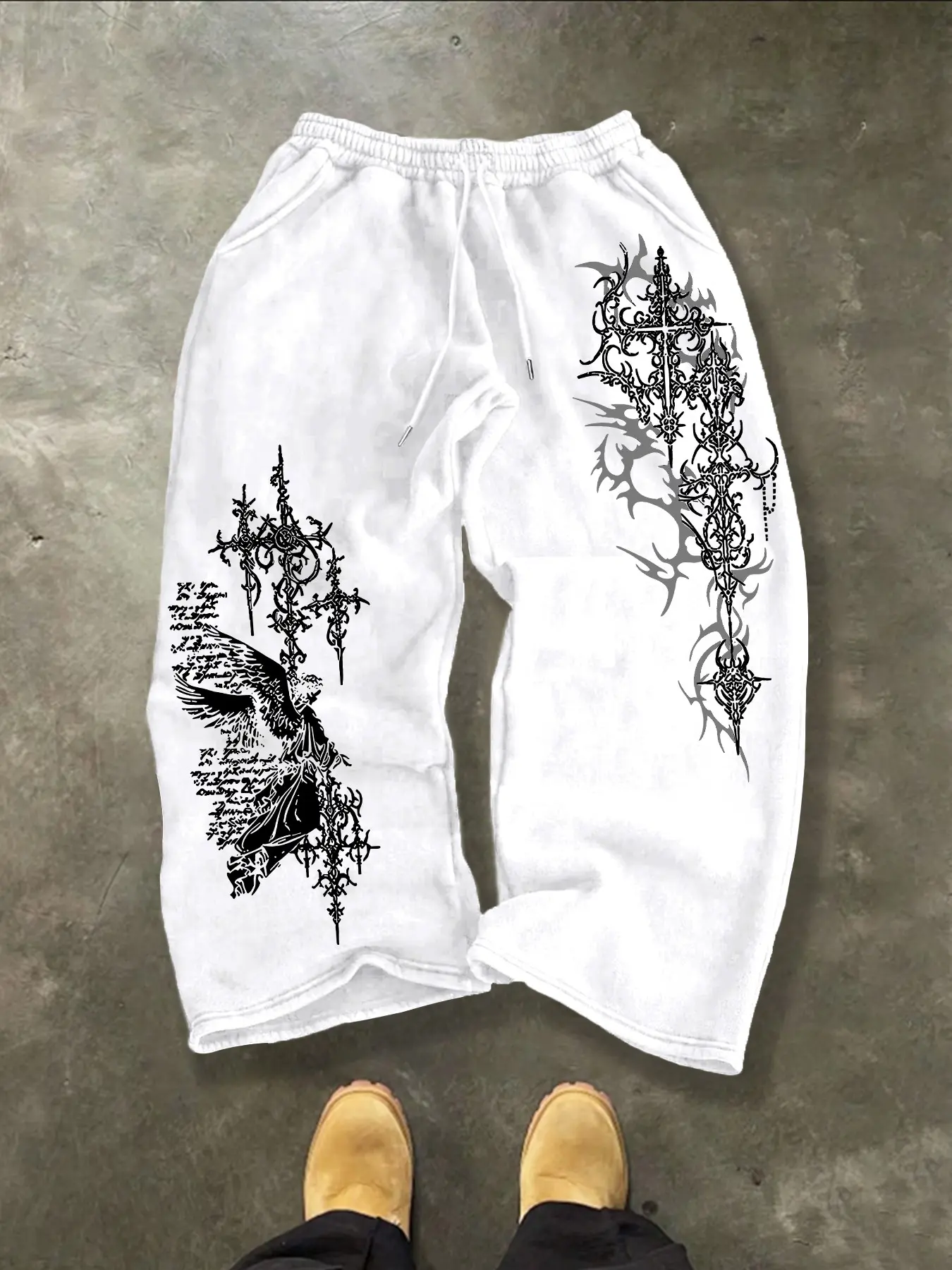 Men's Gothic Wide Leg Drawstring Sweatpants, Casual Drawstring Waist, Vintage Cross Angel & Scripture Print Loose Casual Jogger Pants, Dark Punk Streetwear Trousers with Side Pockets #GothicPants #CrossPrintPants