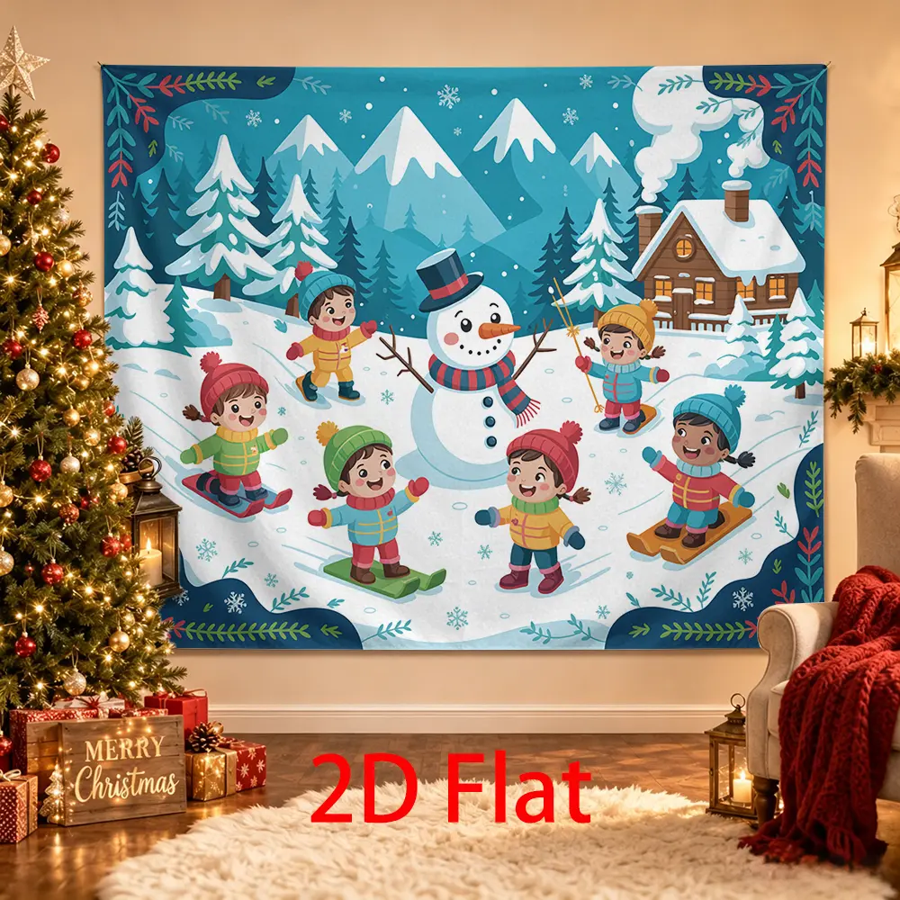 Cute Winter Snowman Backdrop, Cartoon Sledding Snow Mountain Cabin Party Background, Winter Wonderland Photo Booth Decor