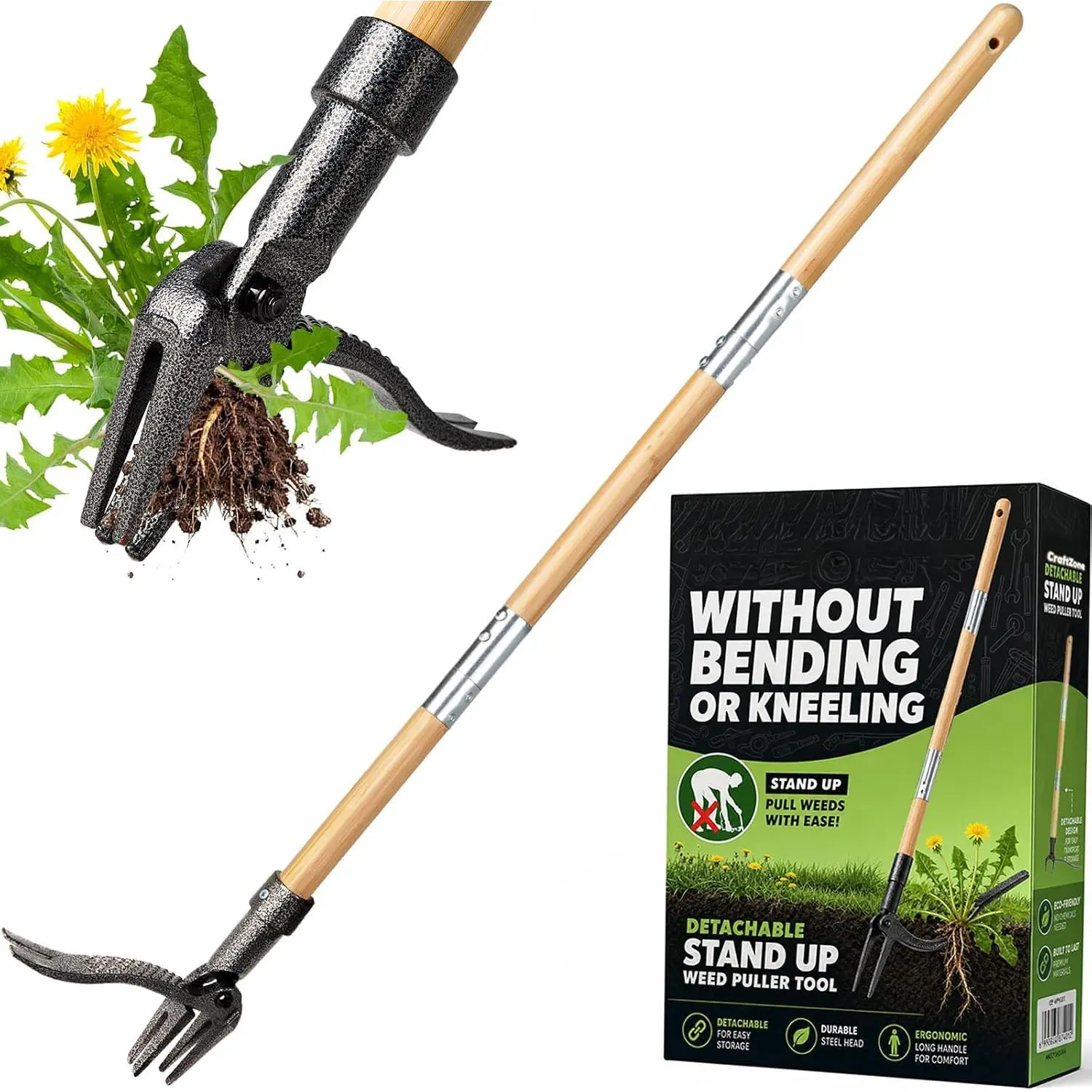 Vertical weeder, equipped with a wooden long handle, foot platform, four-pronged steel head, and detachable three-section pole, a gardening tool that allows for easy weed removal without bending or kneeling