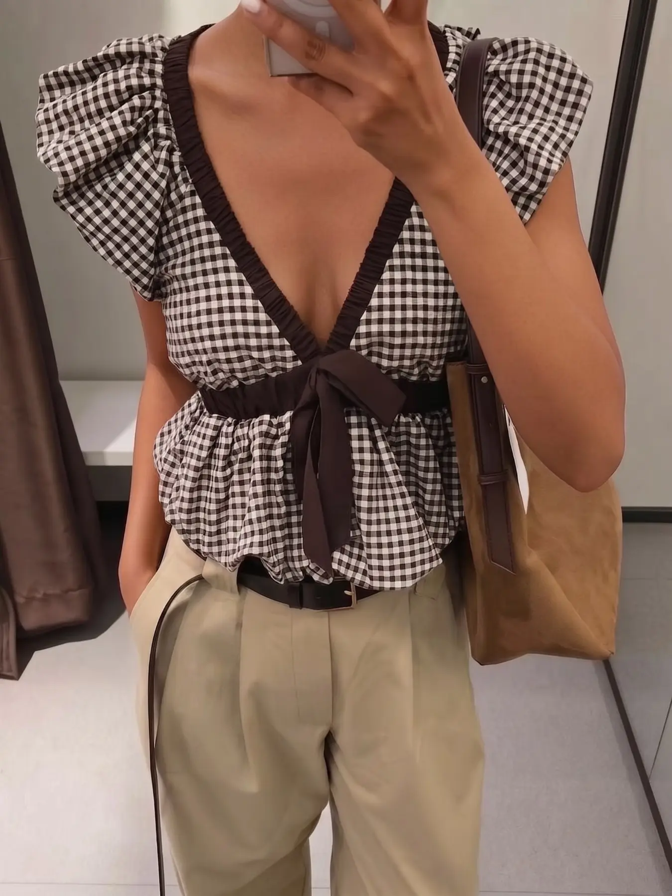 Brown Gingham Ruffle Sleeve Peplum Top Women Deep V Neck Bow Tie Front Babydoll Blouse Slim Waist Plaid Crop Top Cute Summer Going Out Top Blouses Shirts Tops Coquette Chic Feminine Casual Fashion