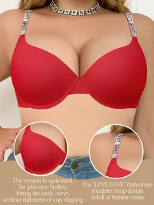 Women's Plus Size Underwire Push-Up Seamless T-Shirt Bra - Rhinestone Embellishment, Anti-Sag, Adjustable Straps, Solid Color Skin-Fit, Comfort Breathable | Valentine's Day Gift, Bridal, Everyday Wear