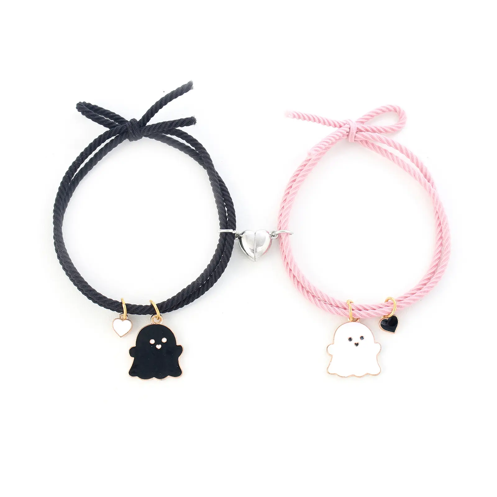 Cute Halloween Matching Ghost Bracelets for Couples & Best Friends, Pink and Black Rope Bracelet Set with Magnetic Heart Charm, Adjustable Friendship Jewelry Gift