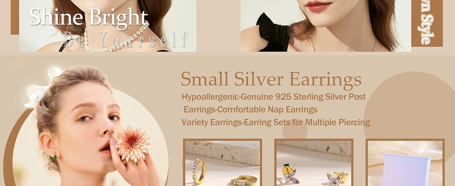 MILACOLATO 3 Pairs 925 Sterling Silver Earrings for Women Grils Hypoallergenic Silver/Gold Stud Hoops Earrings Set Dainty Studs Huggies Earings Flower Butterfly Earrings Sets for Multiple Piercings