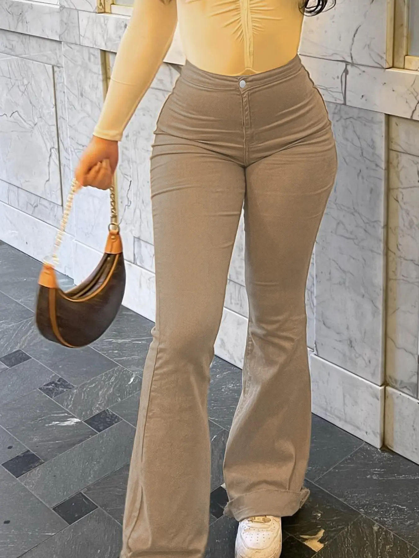 GILIPUR 1 Pair Women Light Khaki High Waist Stretch Skinny Flared Fashion Denim Jeans, Bodycon Roll Hem Floor-Length Denim Bootcut Pants Streetwear TChic