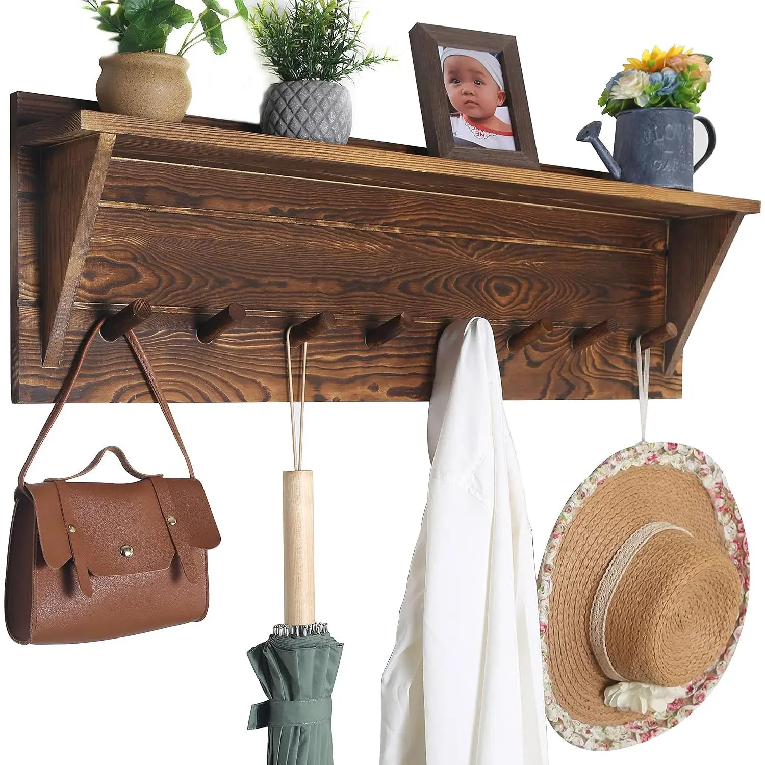 Coat Rack Wall Mount with Shelf,24" Long Entryway Wall Shelf with Hooks Underneath,6 Peg Hooks for  Coats,Caps,Jacket,Clothes,White