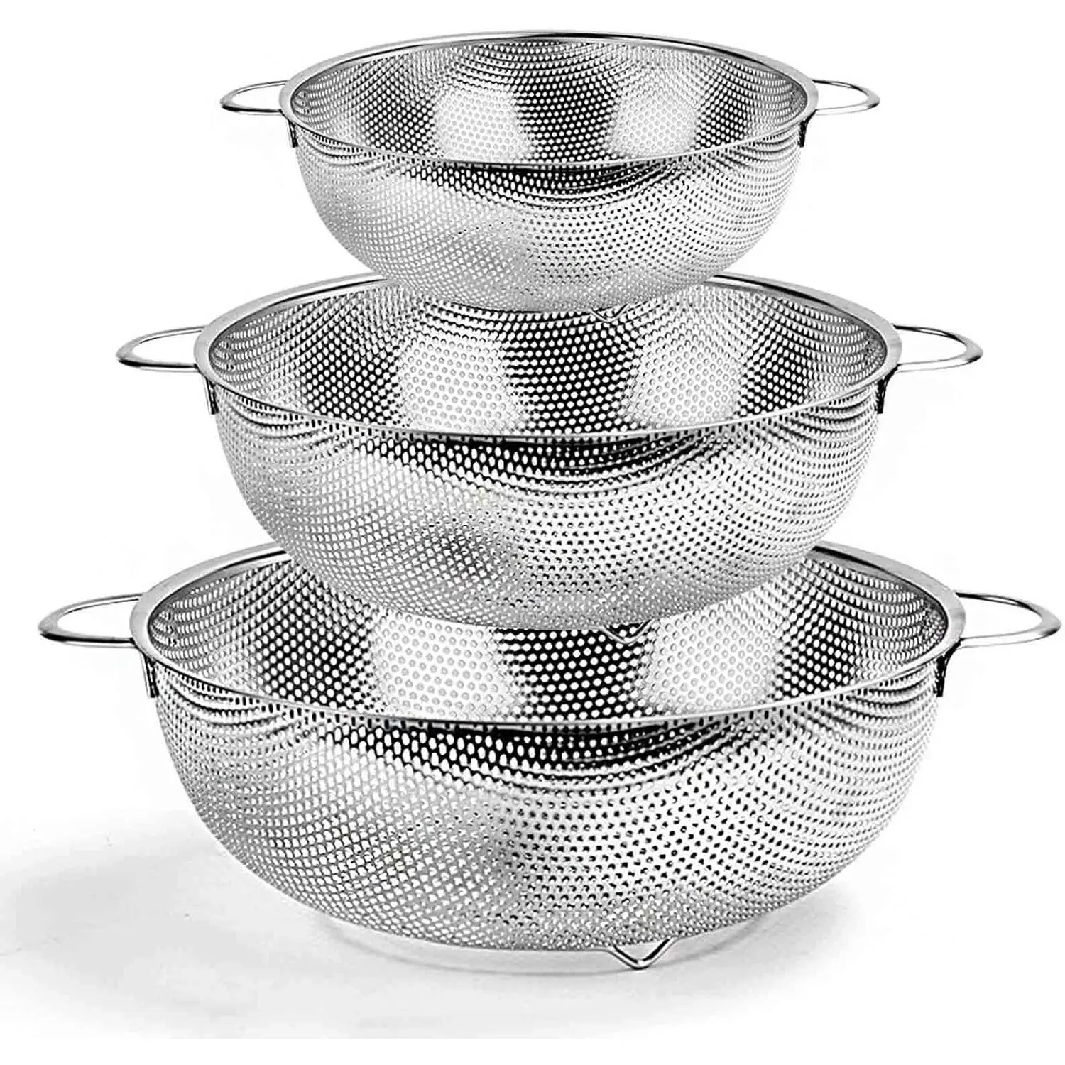 Colander Set of 3, Stainless Steel Perforated Colander Strainer | Metal Food Strainer for Draining/Washing/Rinsing Pasta Vegetables Fruits, Healthy, Sturdy & Dishwasher Safe - 1/3/5 Quart