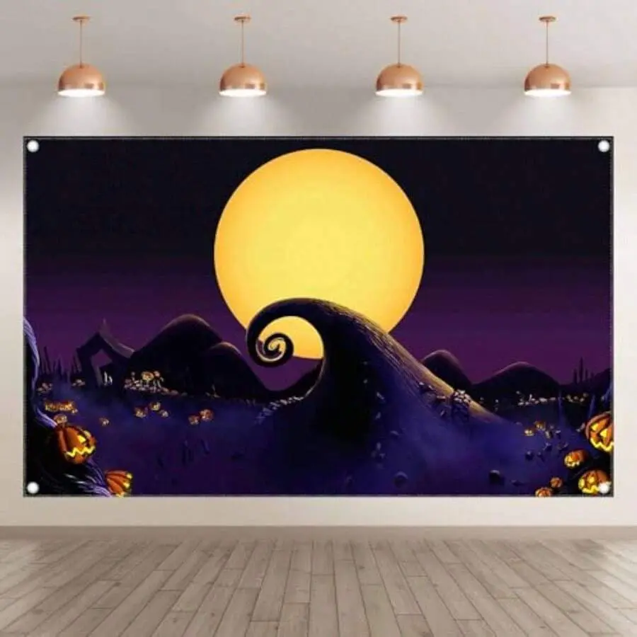 Polyester 2D Flat Nightmare Before Christmas Theme Backdrop - Lightweight Multicolor Artwork, Halloween Yellow Full Moon Night Background, Room Decor, Gift for Party Photo Banner (Boys, Girls) Wall