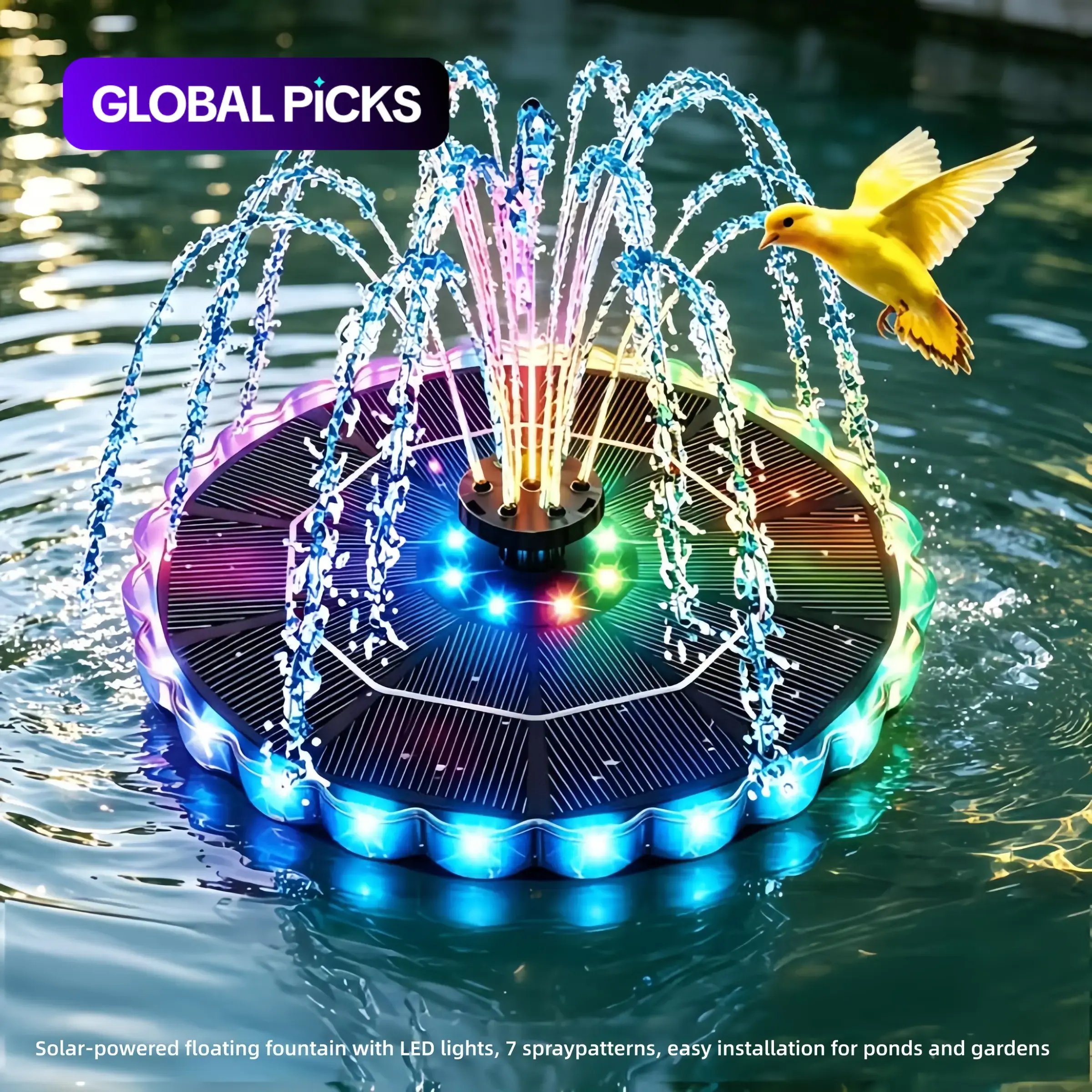 olar Fountain Sprinkler, with Colorful LED Lights, Multi-Nozzle Auto Floating Design, 2026 New Hassle-Free Outdoor Decor Water Toy for Swimming Pool, Fish Pond, Lawn & Backyard Garden, Solar Outdoor Fountain, Solar Powered Fountain