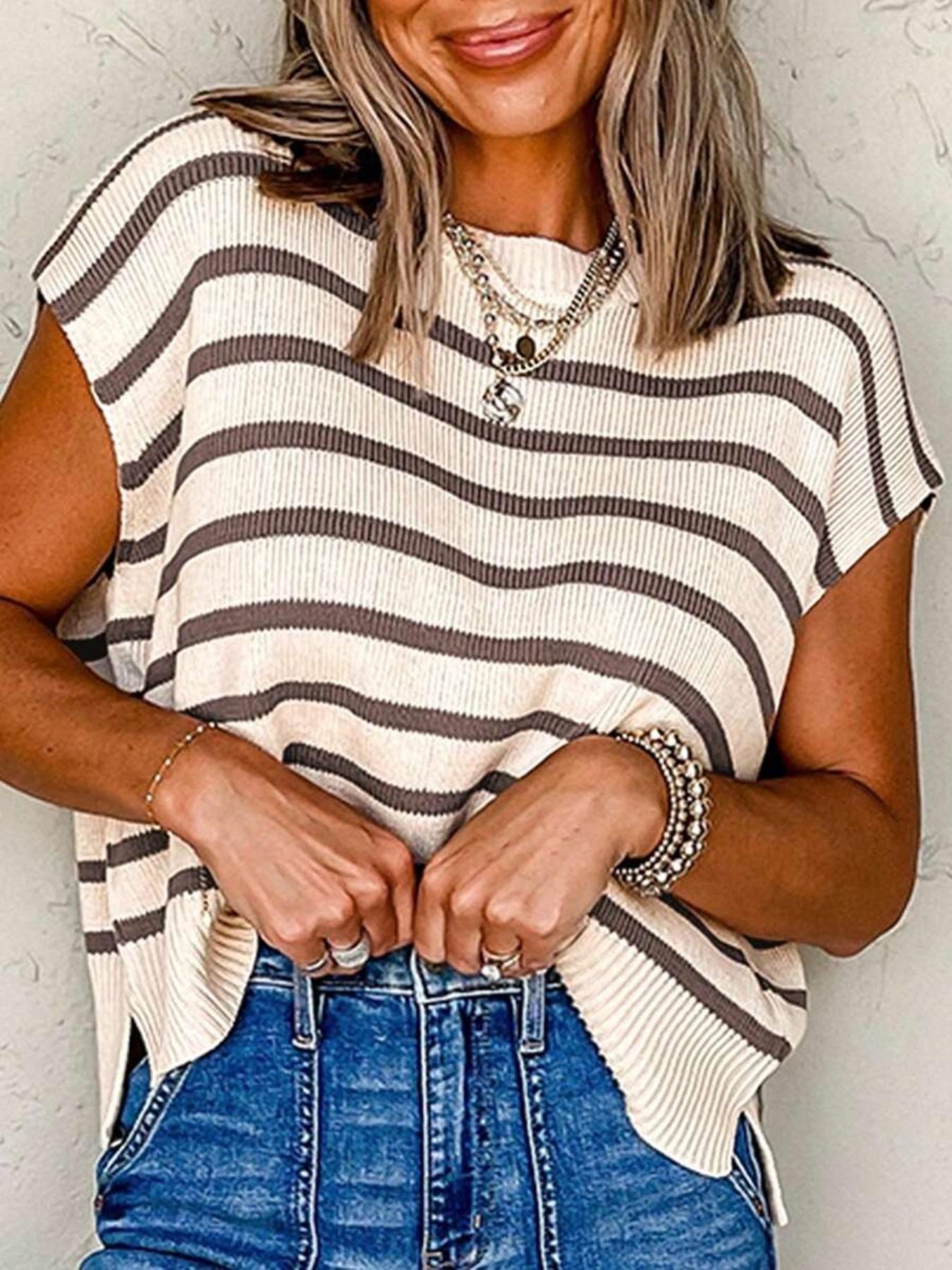 Women's Striped Print Crew Neck Sweater Pullover, Casual Jumper for Summer, Fashion Women's Knitwear for Daily Wear, Women Summer Tops, Oversized Knit Tops for Women