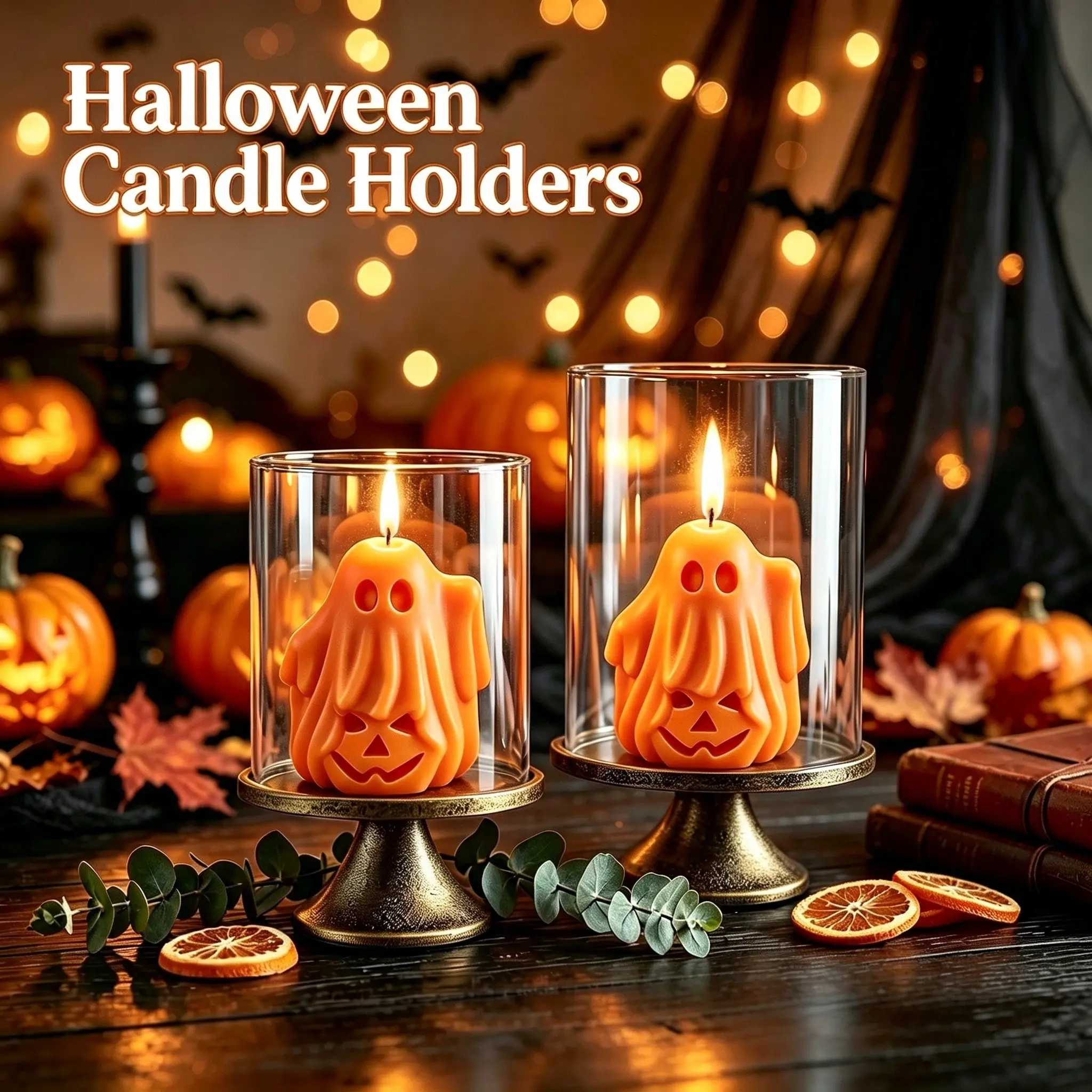 A set of 2 vintage candle holders, equipped with glass covers and iron bases, elegant decorative candle holders, perfect for living rooms, dining rooms, and bedrooms, Halloween candle trays, ideal for home decor and holiday decoration.