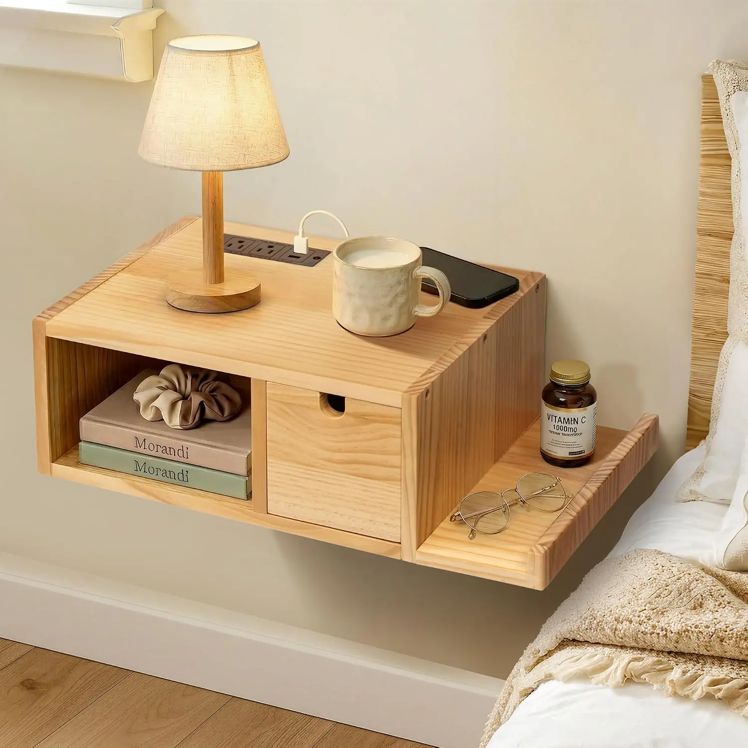 Floating Nightstand with  Station Bedside Table with Drawer | Wall Mount Side Table with Open Shelf,  Solid Pine  End Table, Modern  Furniture for Bedroom, Apartment
