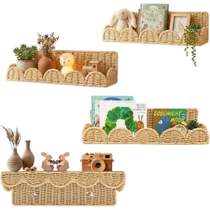 4 Pcs Book Shelves Rattan Scalloped Floating Bookshelves Wicker Boho Book Shelf for Wall Mounted Decor Nursery Rooms Hanging (Classic,15.8 Inch)