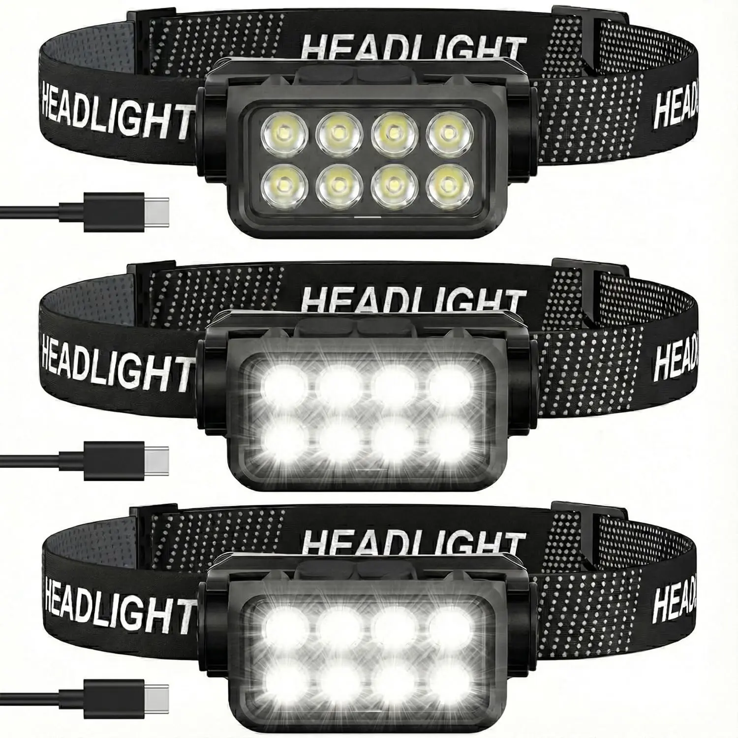 3 Pack Rechargeable Headlamp, 8 LED  Lamp Flashlight with Motion Sensor, 1000 Lumens USB-C Headlight, Lightweight   Lamp for Adults Camping Running Hiking Fishing Work