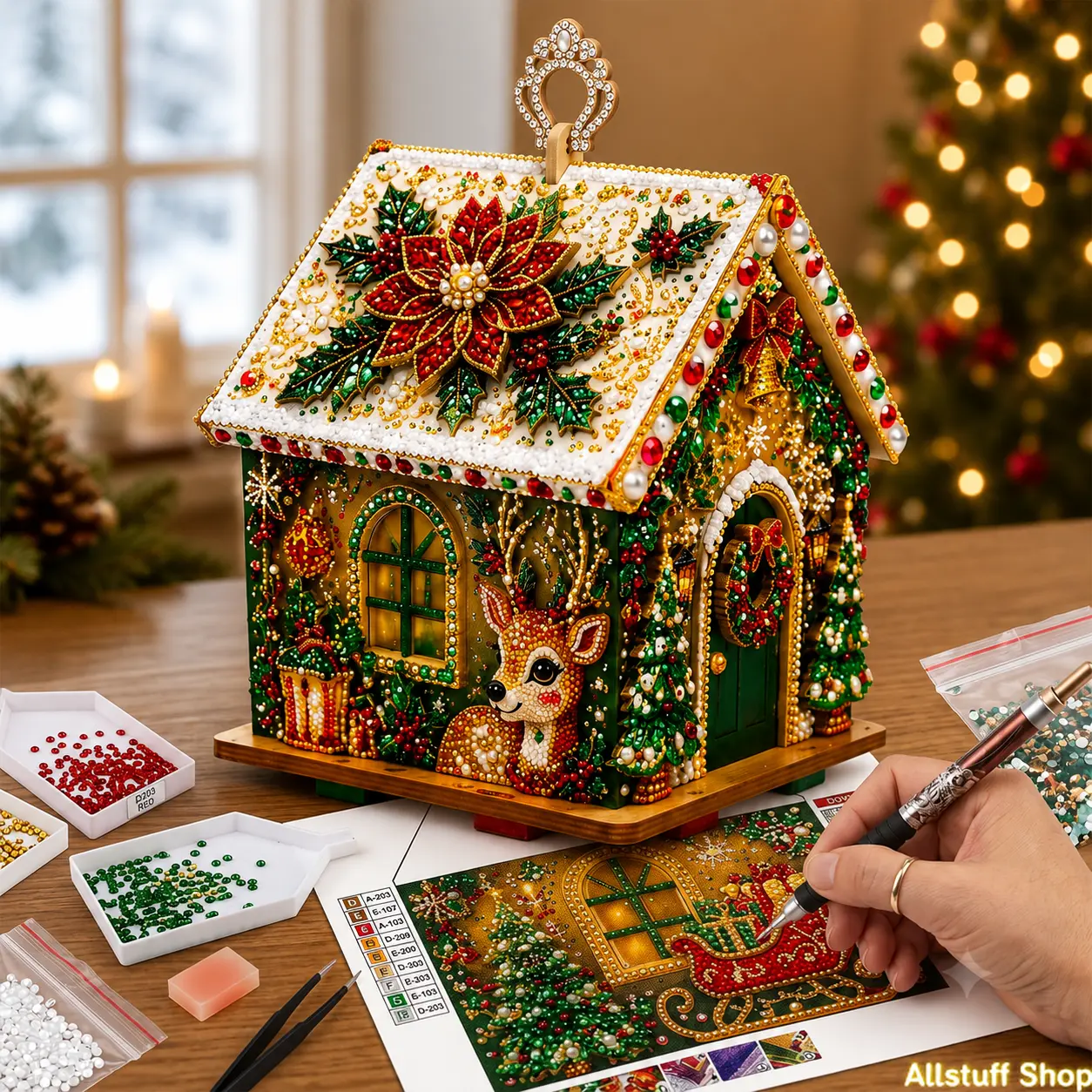 3D Christmas House Diamond Painting Kit Wooden Bead Ornament With Lights For Holiday Decor