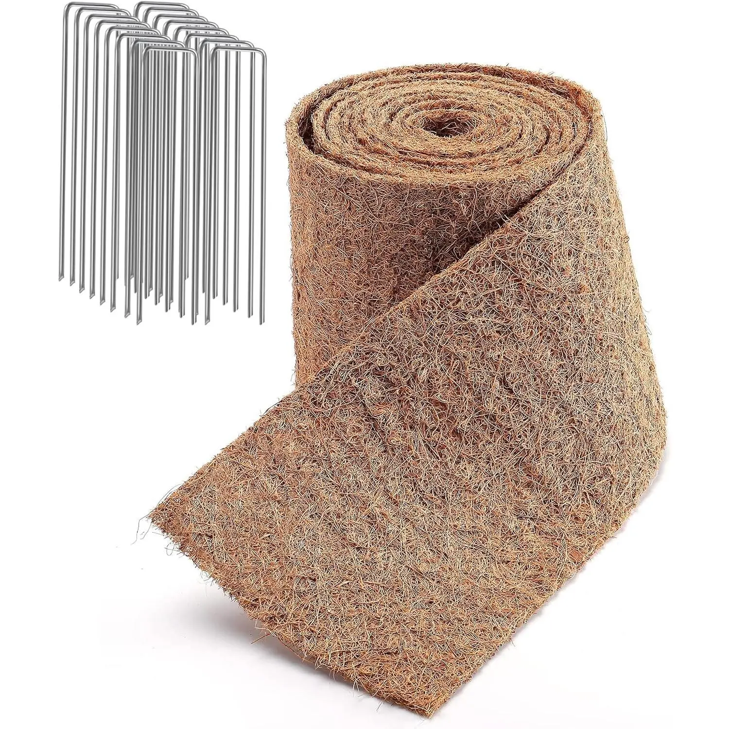 Natural Mulch Roll for Landscaping- 120" x 6.3" Weed Barrier Coconut Fiber Mat with 16 U-Shaped Steel Stakes, Thick Garden Border Edging for Plants, Flowers, Lawns, Vegetables