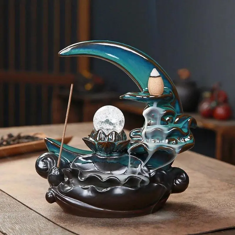 1pc Moonlight Over The Lotus Pond Ceramic Handicrafts Home Ornament Waterfall Backflow Incense Burner Stick Incense Holder Fragrance