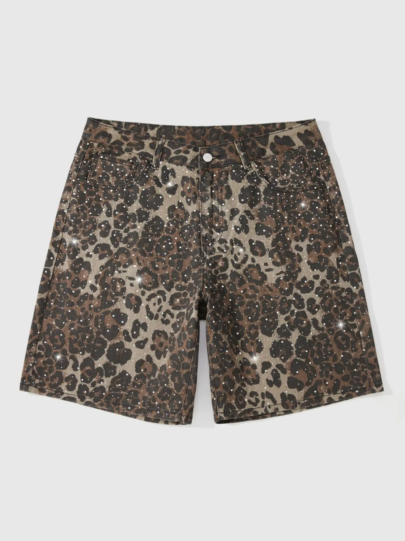 2026 New Streetwear Men's Leopard Print Rhinestone Jeans Shorts, Casual Fashion Shorts, Retro Y2K Style, Comfortable Fit, Casual Comfy Shorts, Unisex Leopard Print Jeans Shorts
