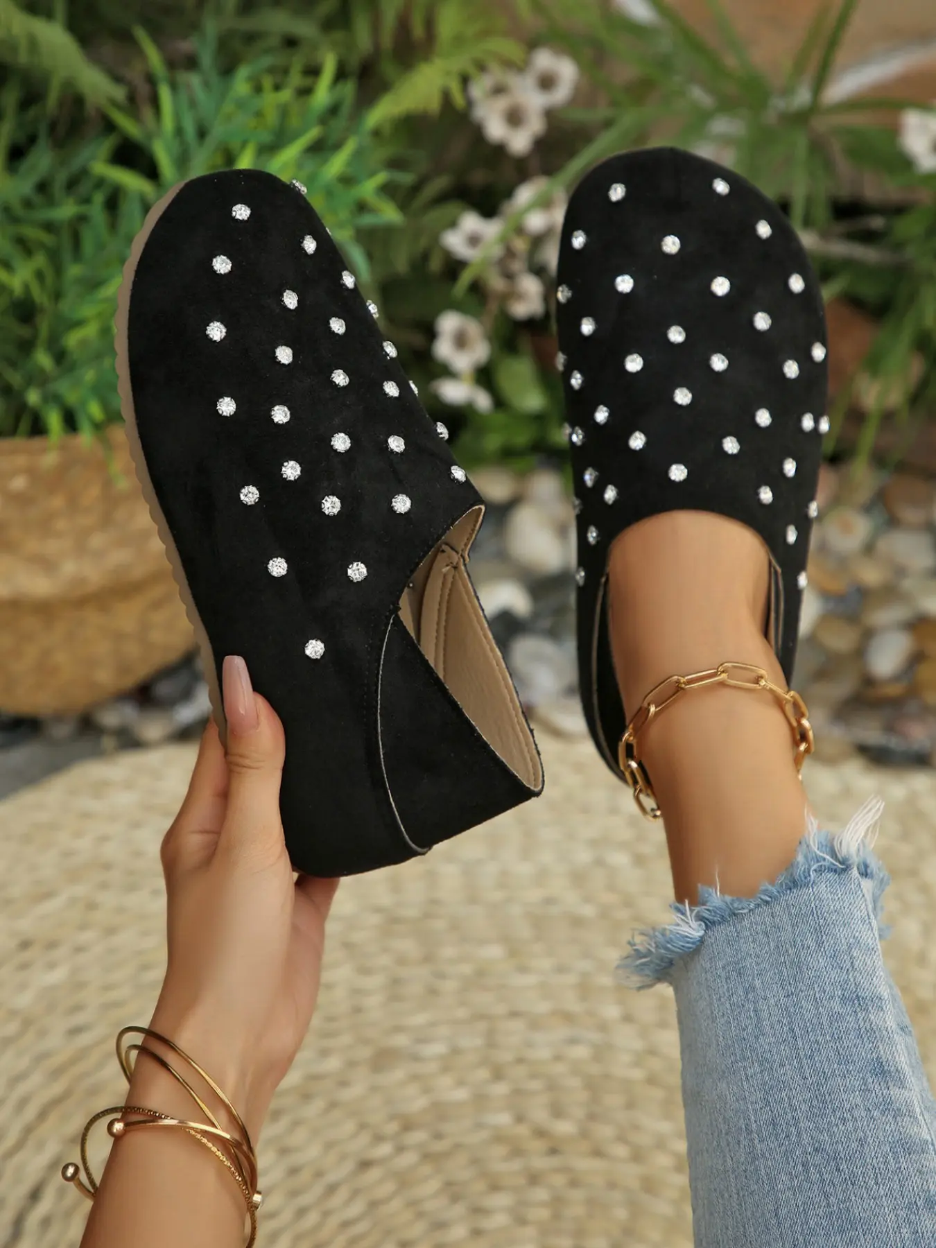Women's popular European and American diamond-encrusted Boken shoes, soft-soled, not tiring feet, two-wear wrap-toe shoes, daily commuting versatile women's single shoes, travel versatile casual women's shoes