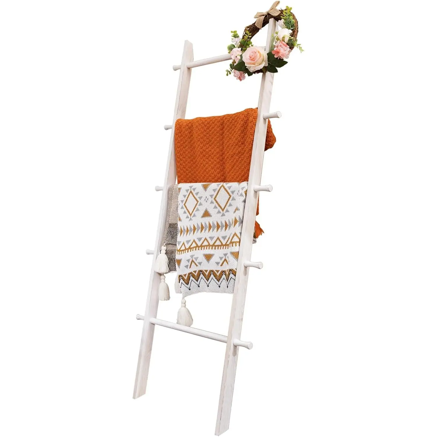 5-Tier  Blanket Ladder, 58 x 22 Inch,White | Solid pine leaning rack with 5 smooth rungs, side pegs and 58 x 22 in frame for blankets, quilts and accessories
