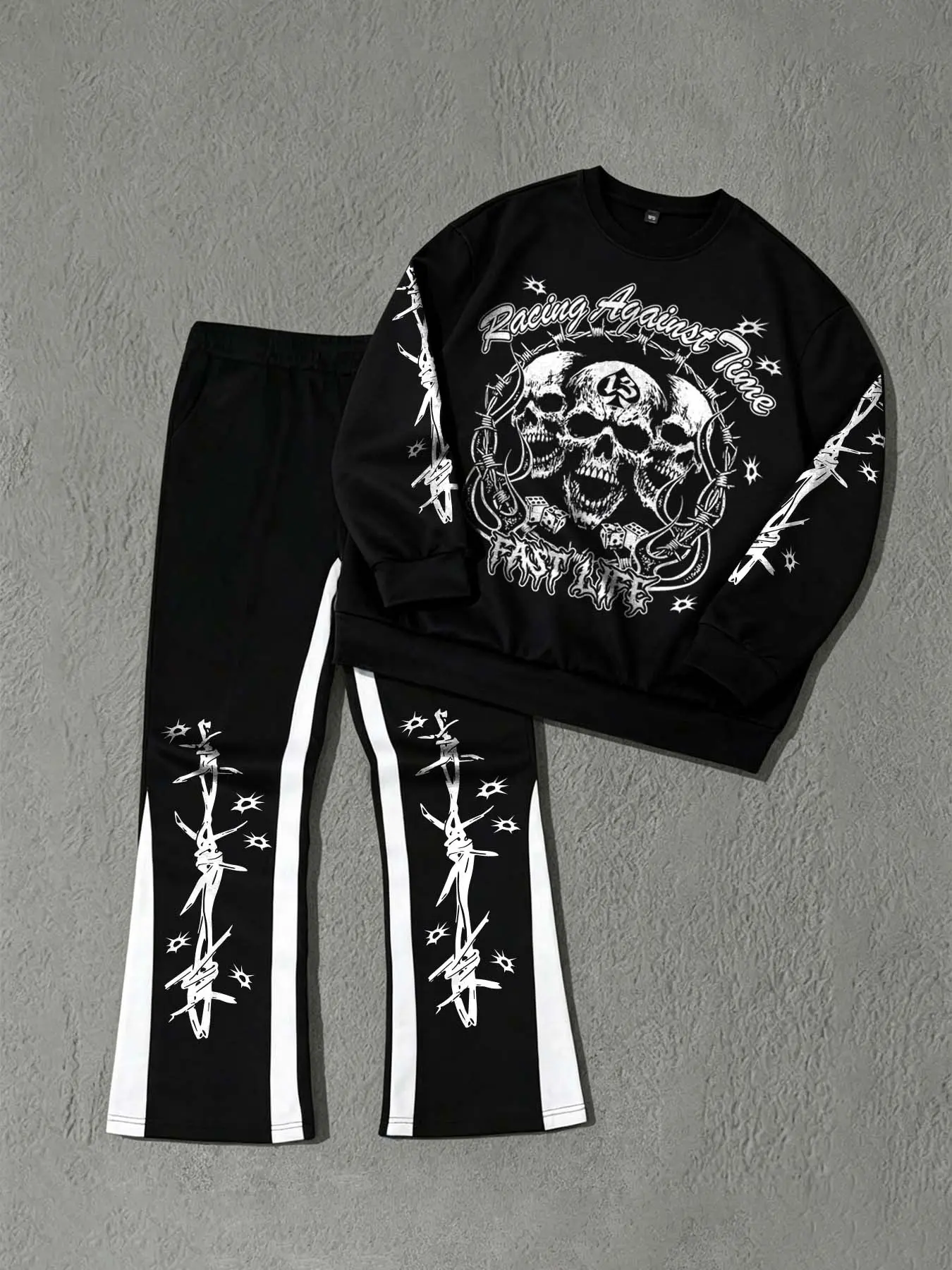 American Punk Skull Thorn Round Neck Sweatshirt Set, Men's High Street Style Micro Flare Casual Sweatpants, Two-Piece, Trendy Fashion