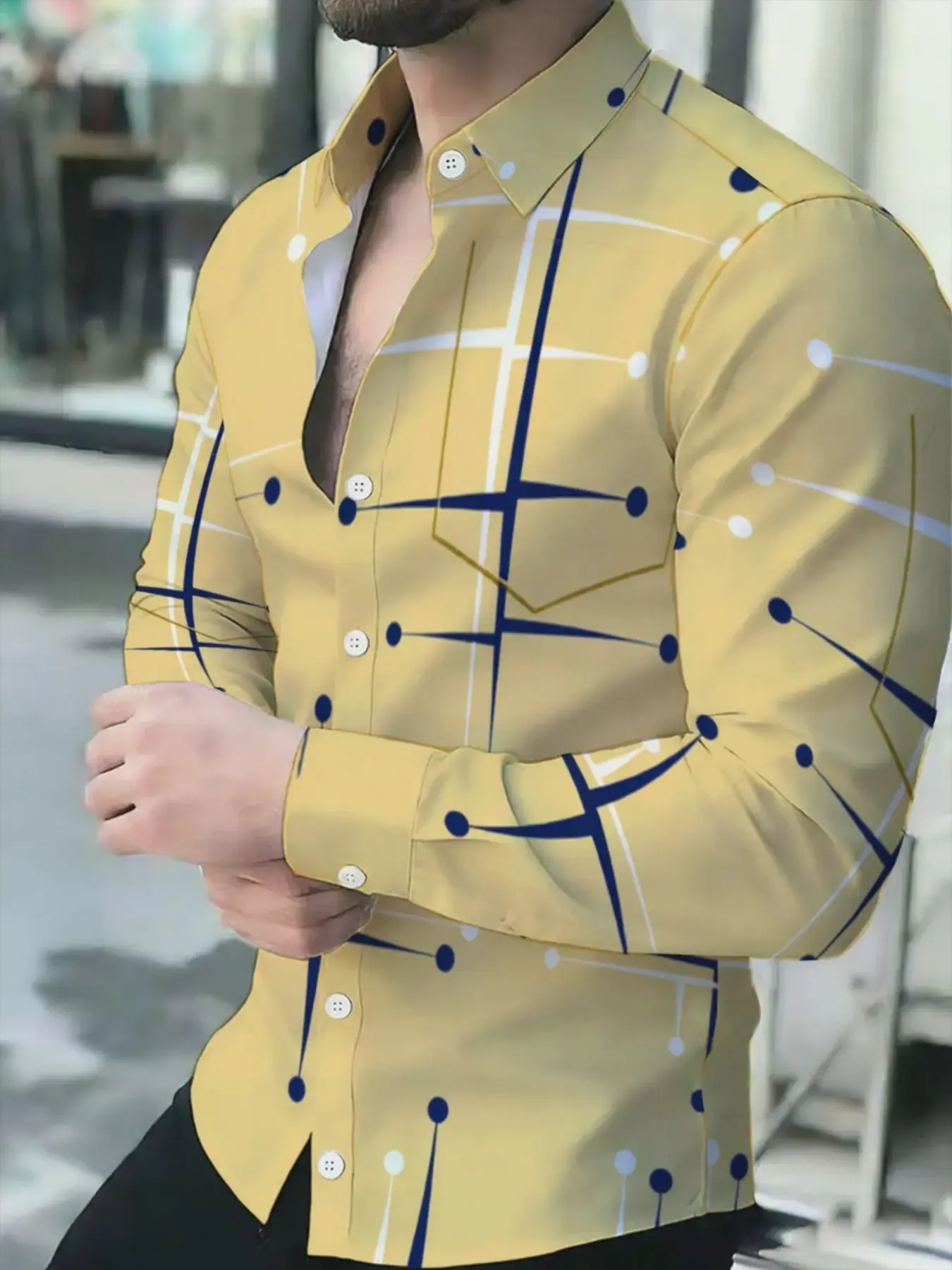 Geometric Pattern Men's Long Sleeve Shirt, Slim Fit Business Casual Fashion Shirt, Comfortable for Daily Wear