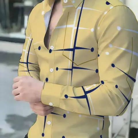 Geometric Pattern Men's Long Sleeve Shirt, Slim Fit Business Casual Fashion Shirt, Comfortable for Daily Wear