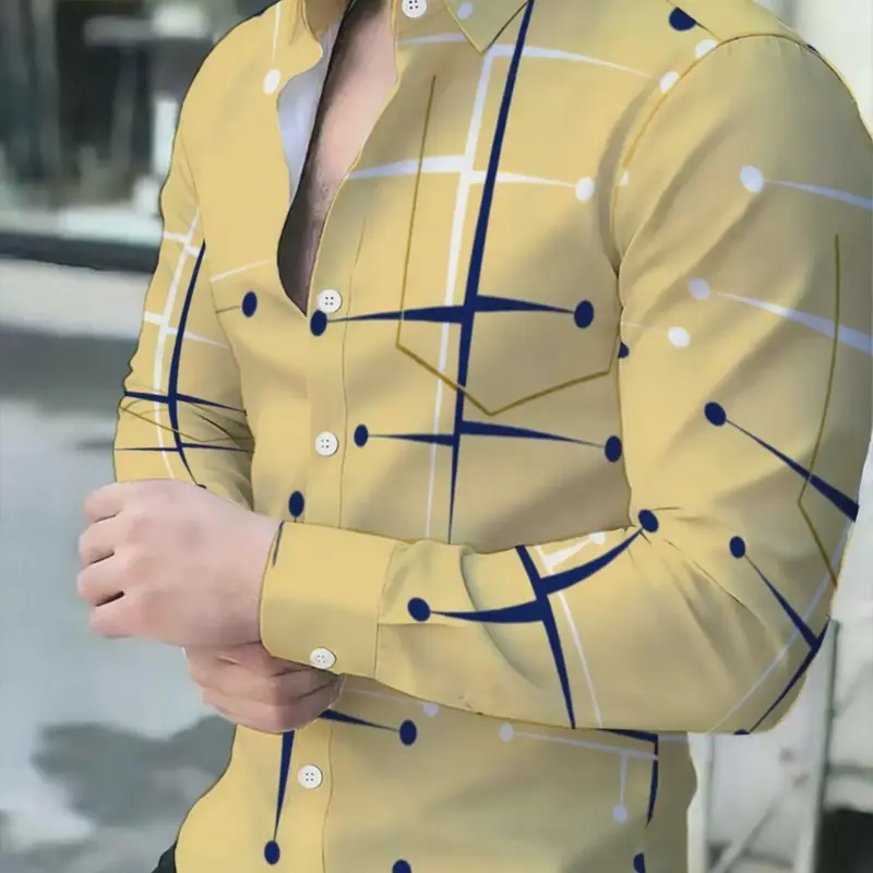 Geometric Pattern Men's Long Sleeve Shirt, Slim Fit Business Casual Fashion Shirt, Comfortable for Daily Wear