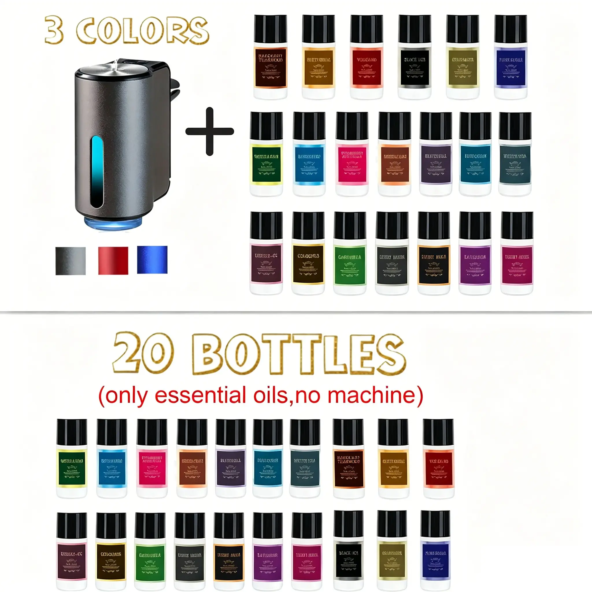 Smart Car Aroma Diffuser Set – Vent Clip Car Air Freshener with 20 Essential Oil Bottles, Adjustable Fragrance Levels, Long Lasting Car Interior Fragrance Kit, Rechargeable Car Diffuser