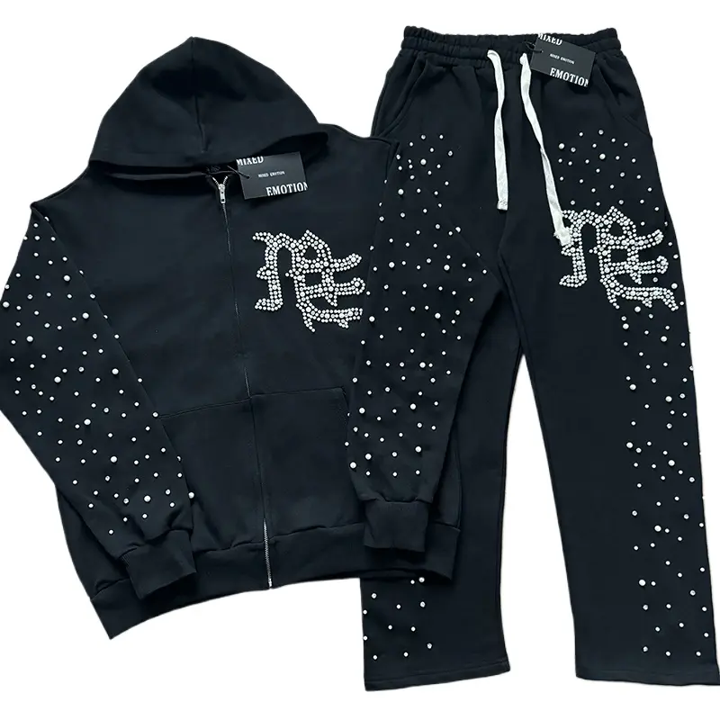MIXED EMOTION American Street Rhinestone Zip Up Hoodie & Sweatpants Set, 100% Cotton Printed Casual Tracksuit, Unisex Vintage Streetwear Outfit, Spring Break, 4th of July, Halloween, Thanksgiving Christmas Holiday Matching Suit
