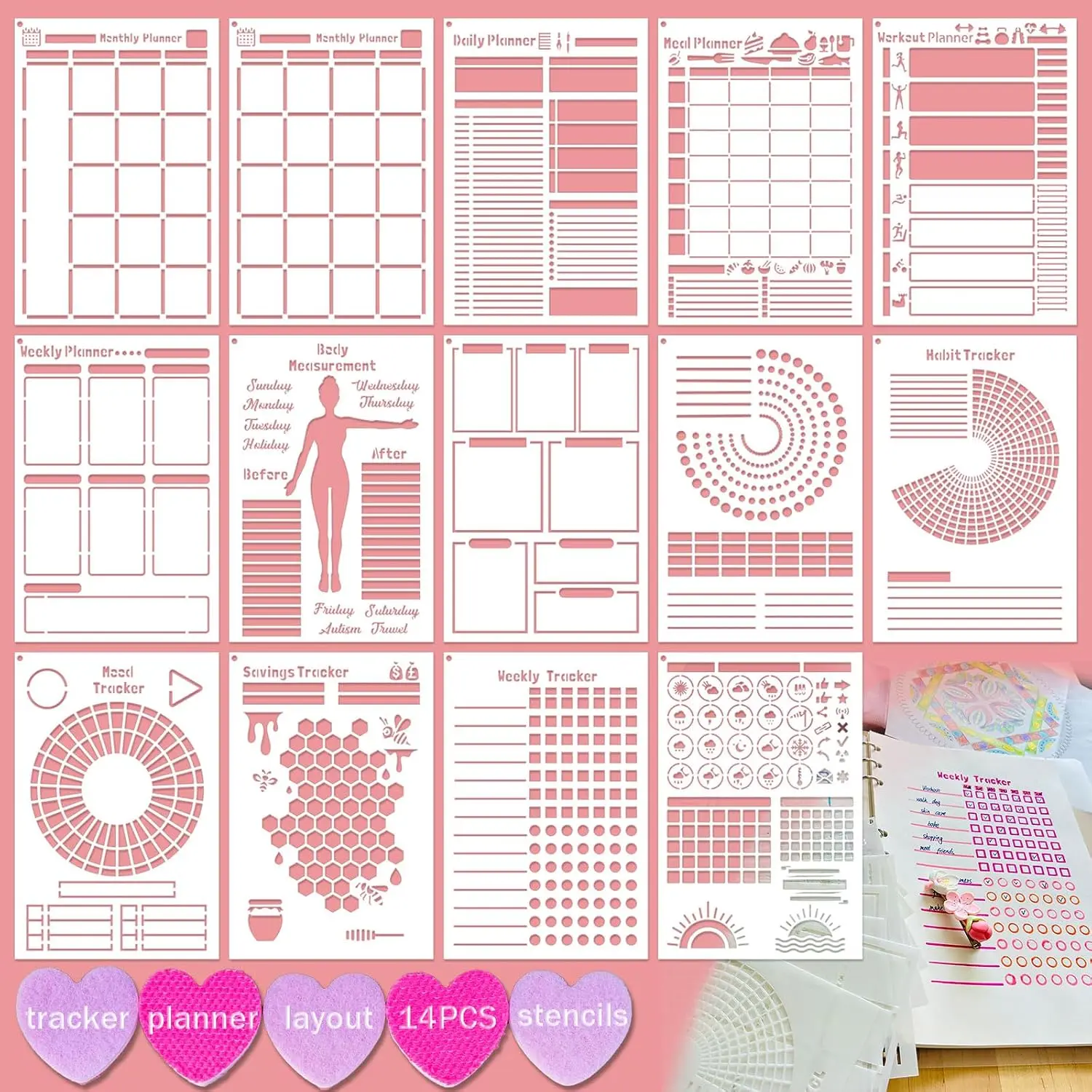 Journal Stencils, 14 count A5 Plastic  Multi-Functional  & Planner Stencils for Dotted Journals, Easily to Track Your Daily Life and Create Custom Layout for Dot Journal Notebook
