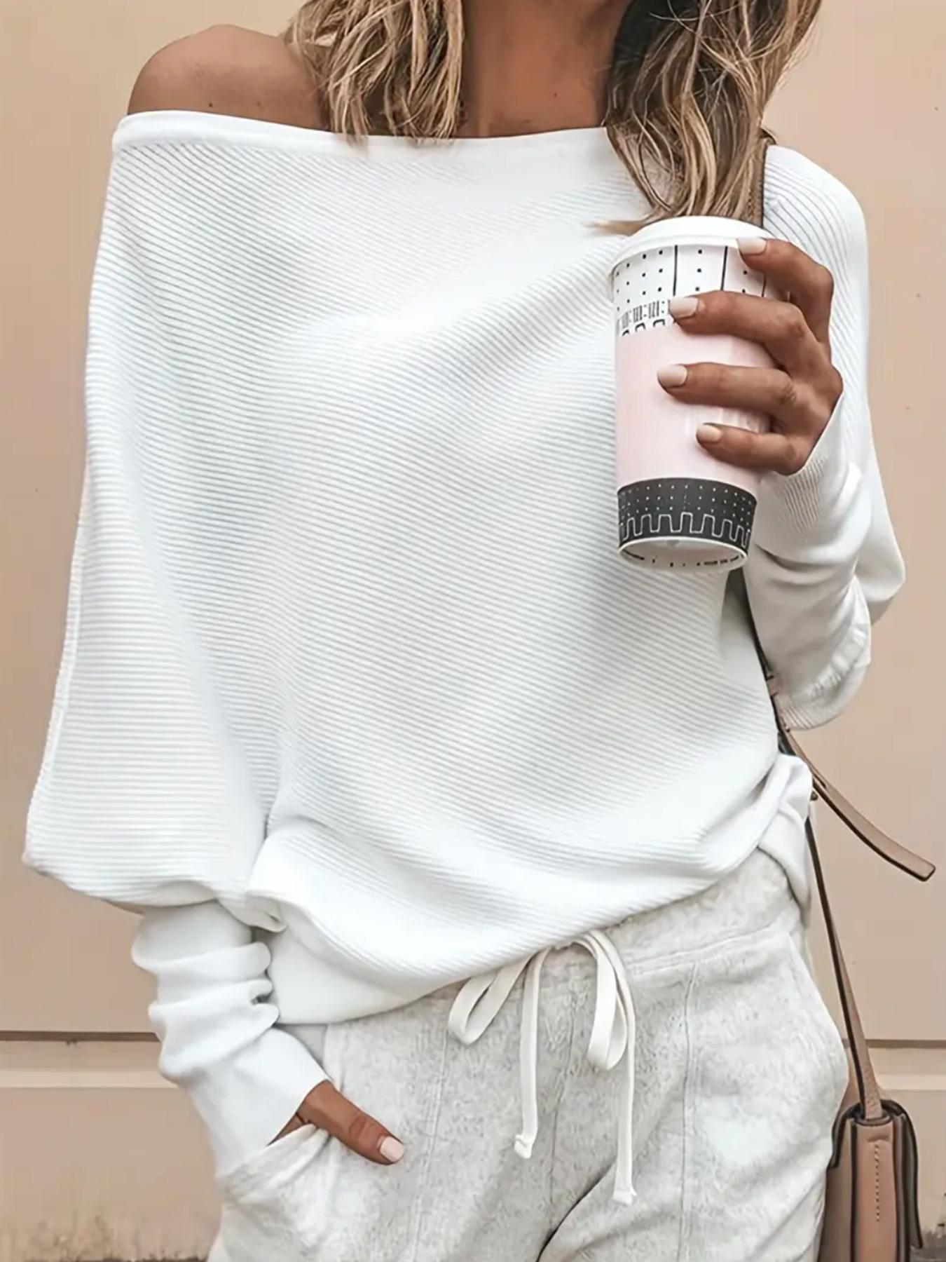 Women's Plain Asymmetrical Hem Boat Neck Batwing Sleeve Sweater, Casual Long Sleeve Jumper for Spring & Fall, Women's Knitwear for Daily Wear