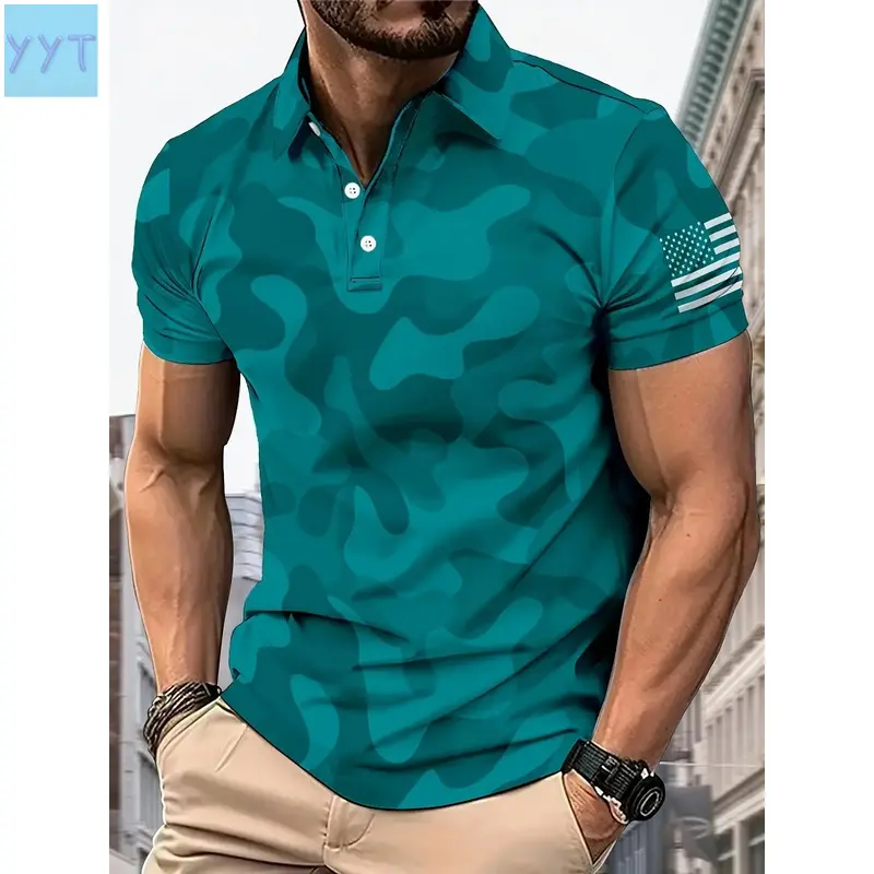 YYT1 Men's Slim Fit Short-Sleeve Polo Top - Purple Camouflage US Flag Full Print, Casual Business Casual Wear, Machine Washable Menswear