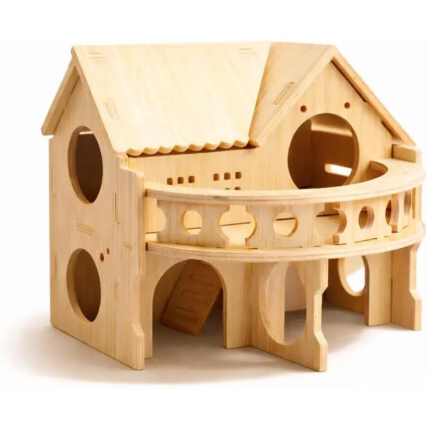 Double Decker Wooden Hamster House with Large Balcony Safe Forest Hut for Dwarf Hamster Mouse Gerbil Rat Small Pets