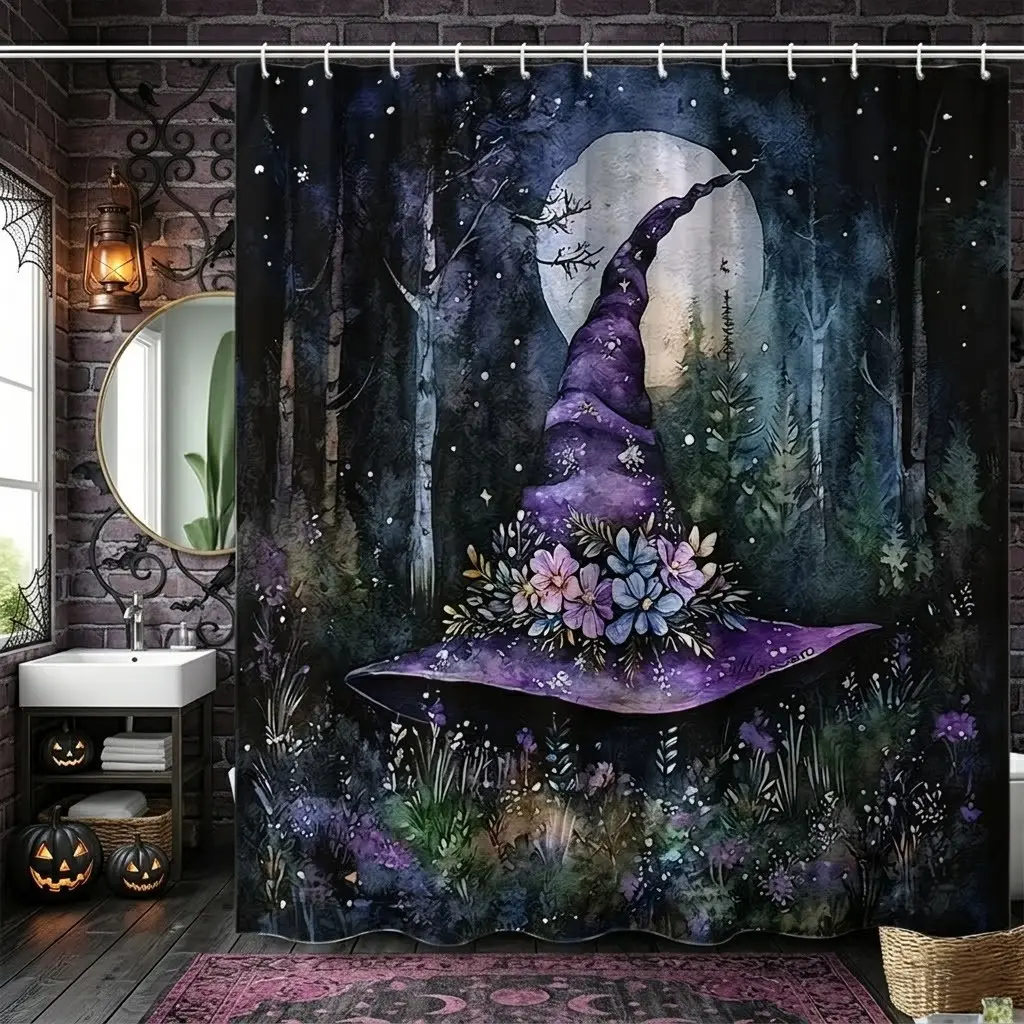 1pcs Watercolor Dark Forest Full Moon Purple Floral Witch Hat Decorative Shower Curtain, Mystic Night Woods Wildflower Wizard Hat Print Bathroom Shower Curtains, Halloween Magical Witchy Nature Scene Bath Curtain for Household Shower Room Decor