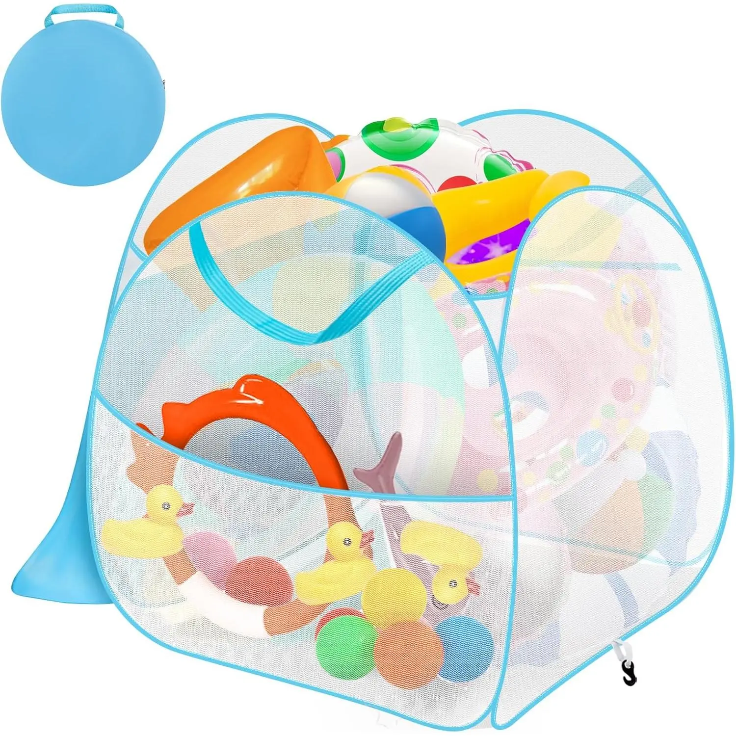 Large 2-in-1 Mesh Pool Float Storage Bin - 30"x30"x30" Heavy Duty Organizer with Cover & Pockets, Floor/Hanging Net Bag for Inflatable Toys, Beach Balls and Pool Floats
