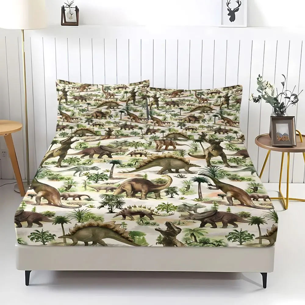 3Pcs Dinosaur Print Fitted Sheet Set (1 Fitted Sheet, 2 Pillowcases). Digital Printed Bed Sheet Set, Soft & Breathable Bedding for Kids/Teens. Deep Pocket, Non-Slip, All-Season Decorative Bedding, Twin/Full/Queen Size. Bedsheet Sets