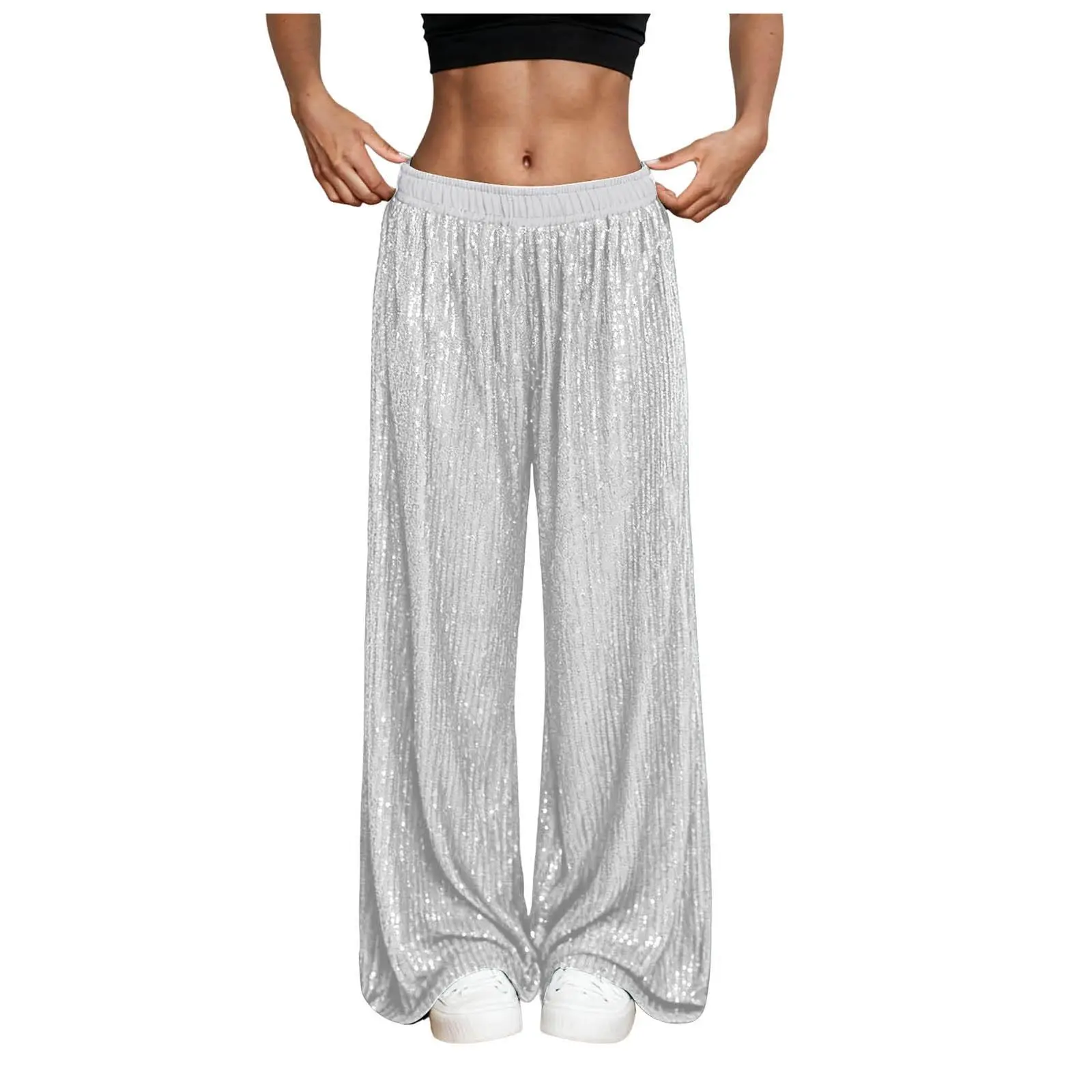 Women's Chic Sequin Trousers, High-Waisted Wide Leg Pants, Comfortable Loose Fit Ankle-Length Bottoms for Casual Day Wear
