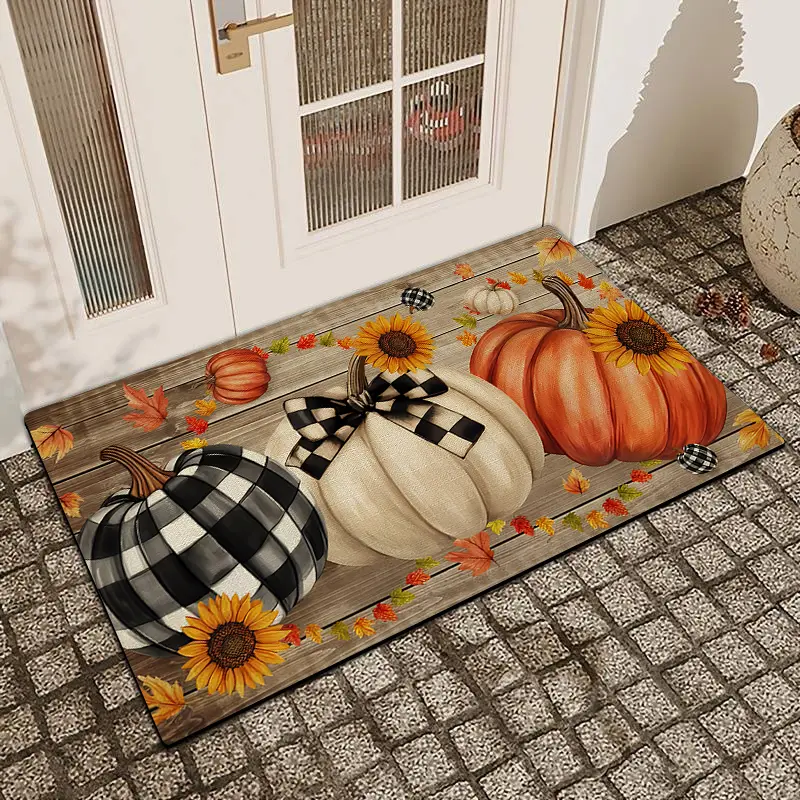 A Pumpkin Wood Grain Background Door Mat With Linen Surface Diatom Mud Anti-Slip And Water Absorption Entrance Door Mat Indoor And Outdoor Printed Door Mat Festive Home Decoration