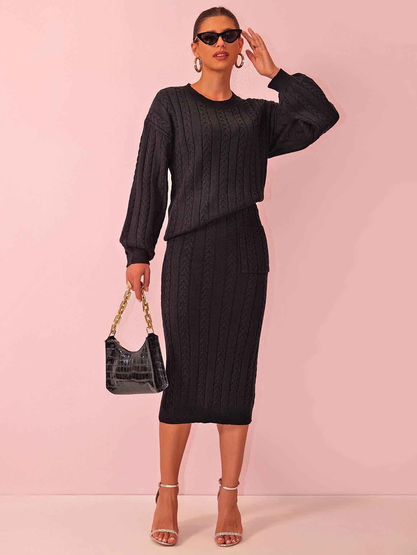 Joyfunear Ladies' casual pure-color knitted sweater & mid-length skirt set